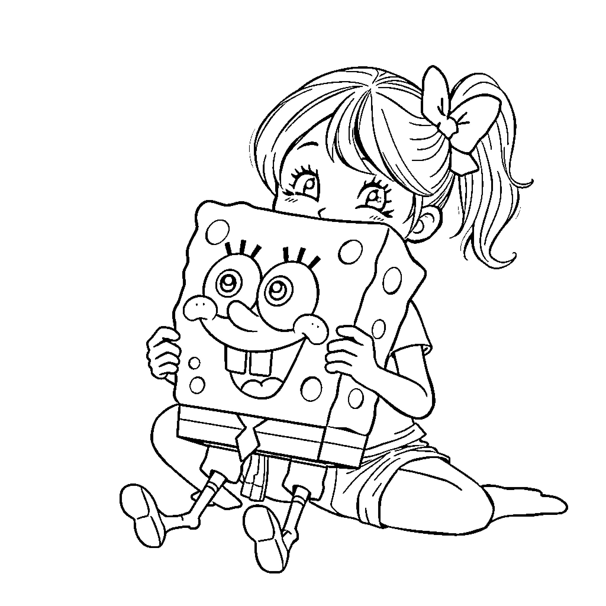 Girl hugging a cartoon character Coloring Page (free black-and-white line drawing printable PDF for all, from beginners to advanced learners, including children, teens, adults, and seniors)