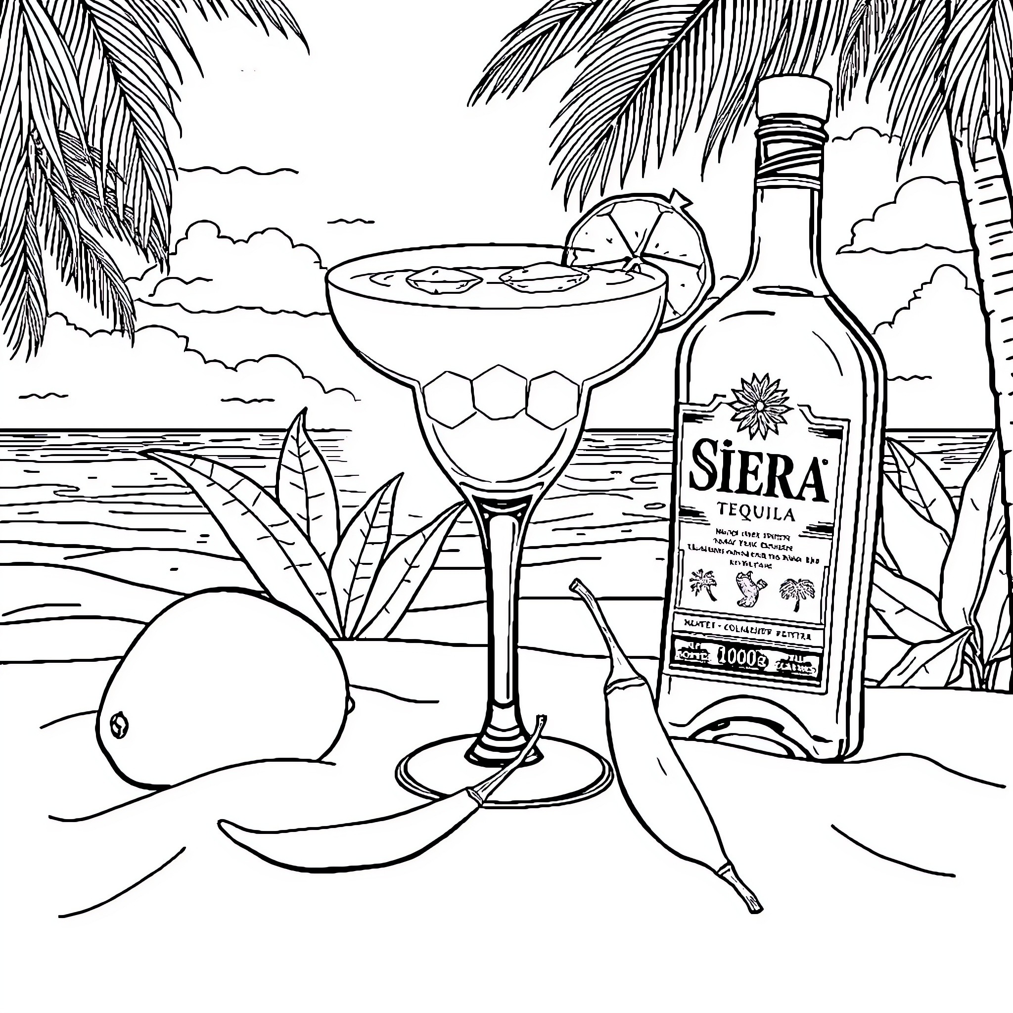 Margarita Time on the Tropical Beach Coloring Page (free black-and-white line drawing printable PDF for all, from beginners to advanced learners, including children, teens, adults, and seniors)