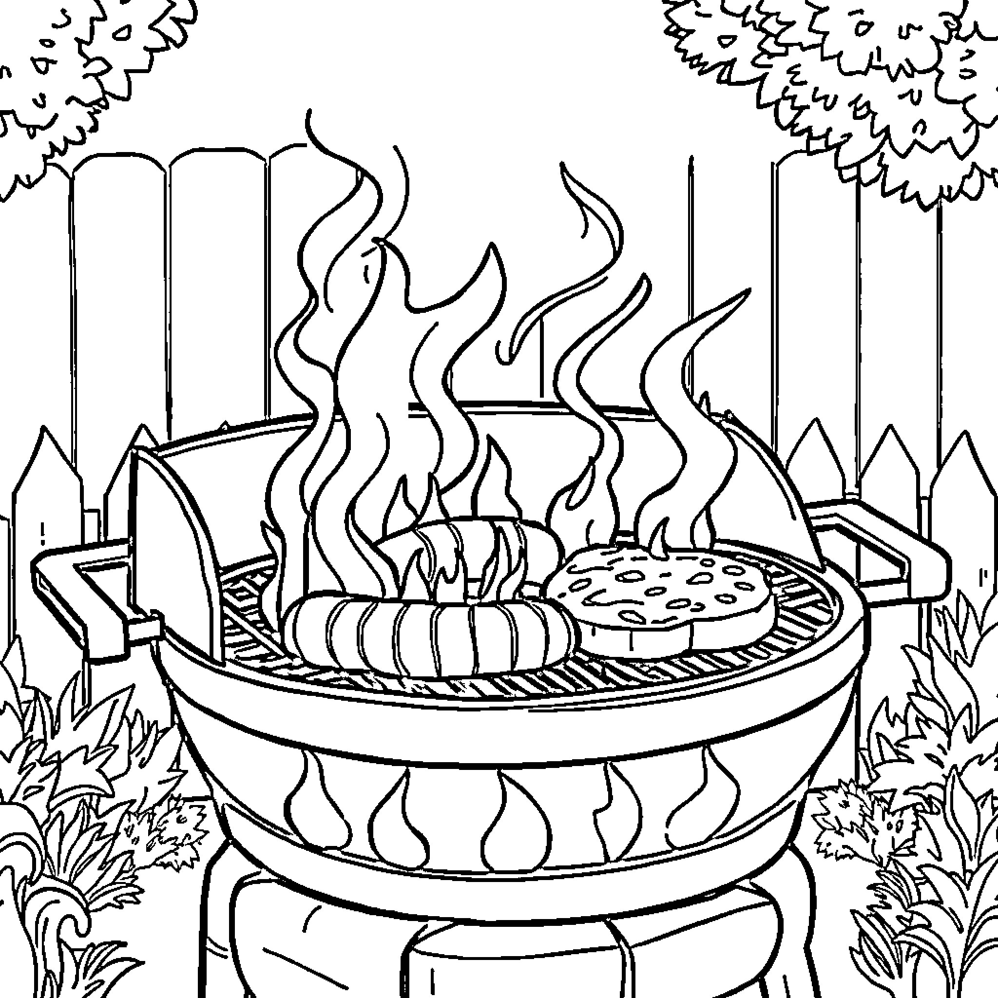 Grill with sizzling food amid lush vegetation Coloring Page (free black-and-white line drawing printable PDF for all, from beginners to advanced learners, including children, teens, adults, and seniors)