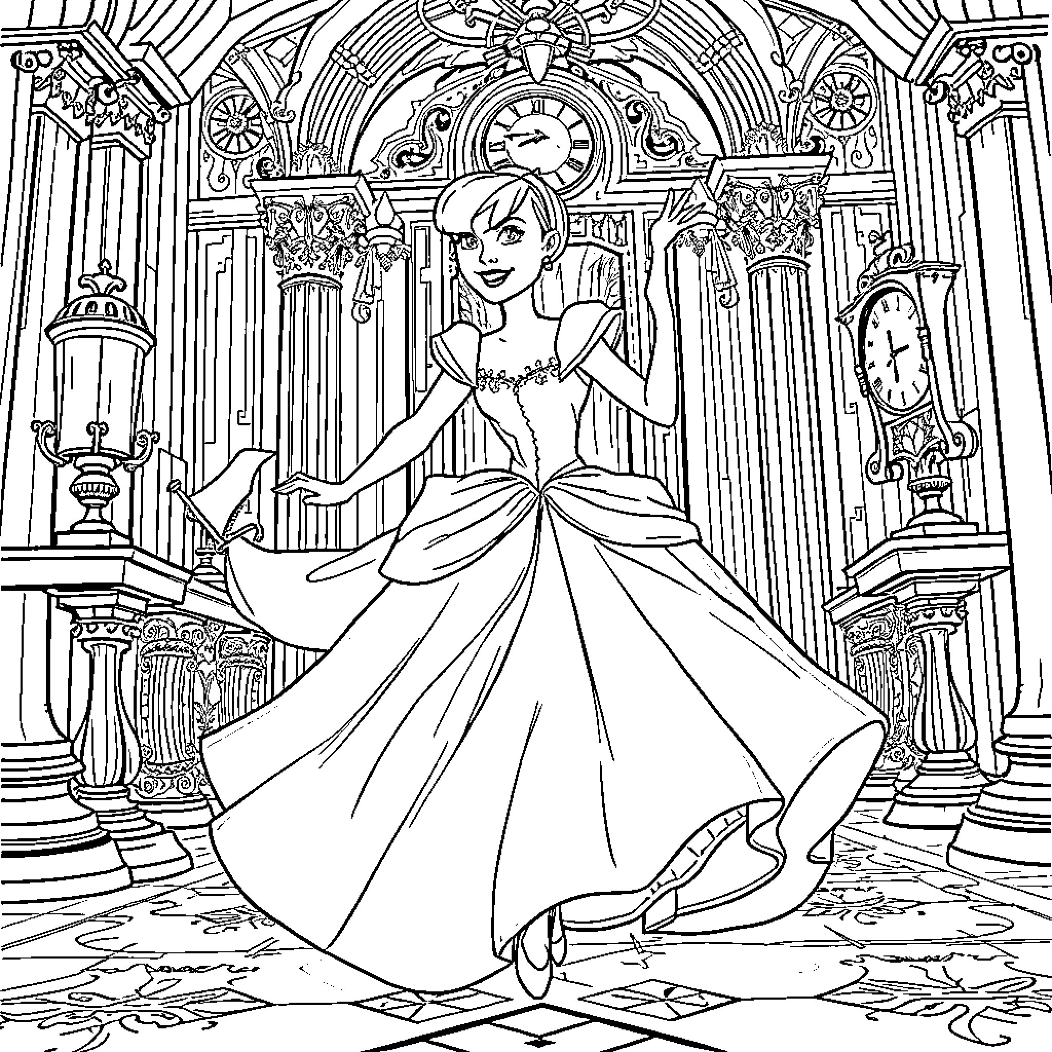 Cinderella in a grand ballroom scene Coloring Page (free black-and-white line drawing printable PDF for all, from beginners to advanced learners, including children, teens, adults, and seniors)