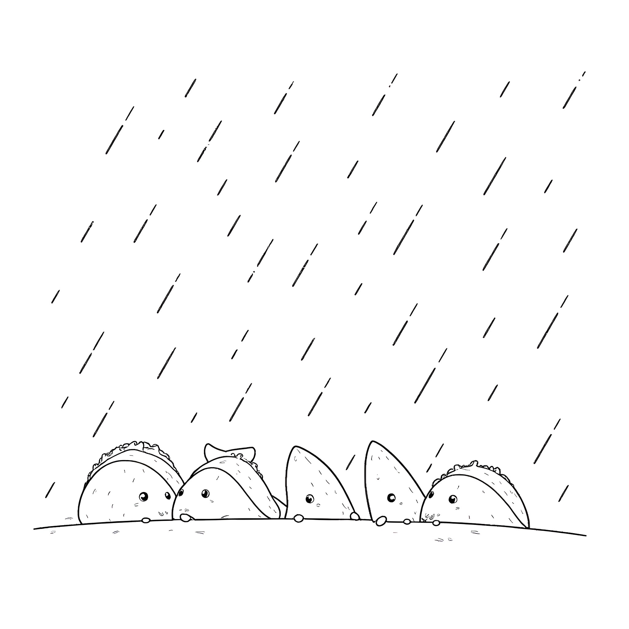 Taco peeking out in the rain Coloring Page (free black-and-white line drawing printable PDF for all, from beginners to advanced learners, including children, teens, adults, and seniors)
