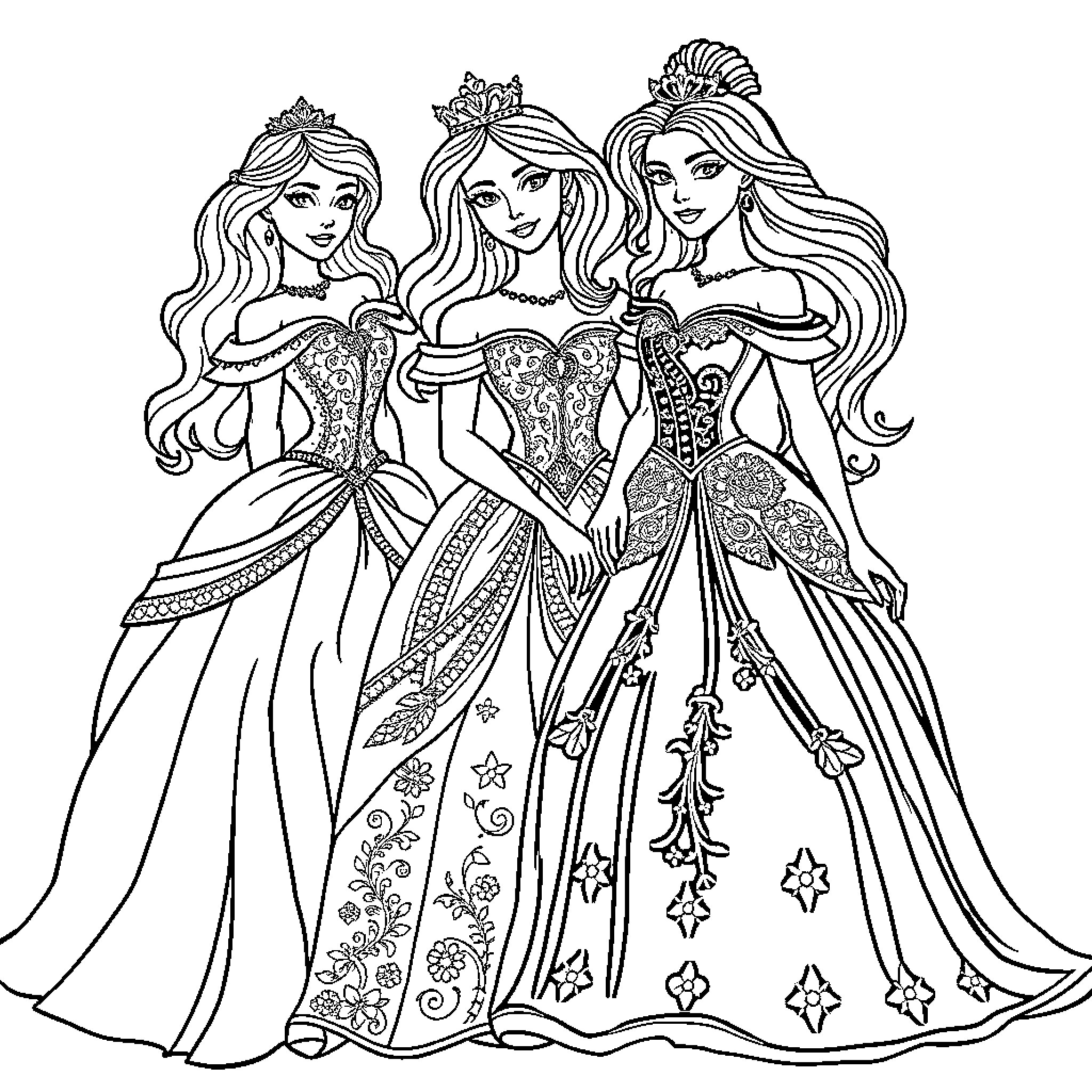 Princess Trio in Elegant Formal Gowns Coloring Page (free black-and-white line drawing printable PDF for all, from beginners to advanced learners, including children, teens, adults, and seniors)