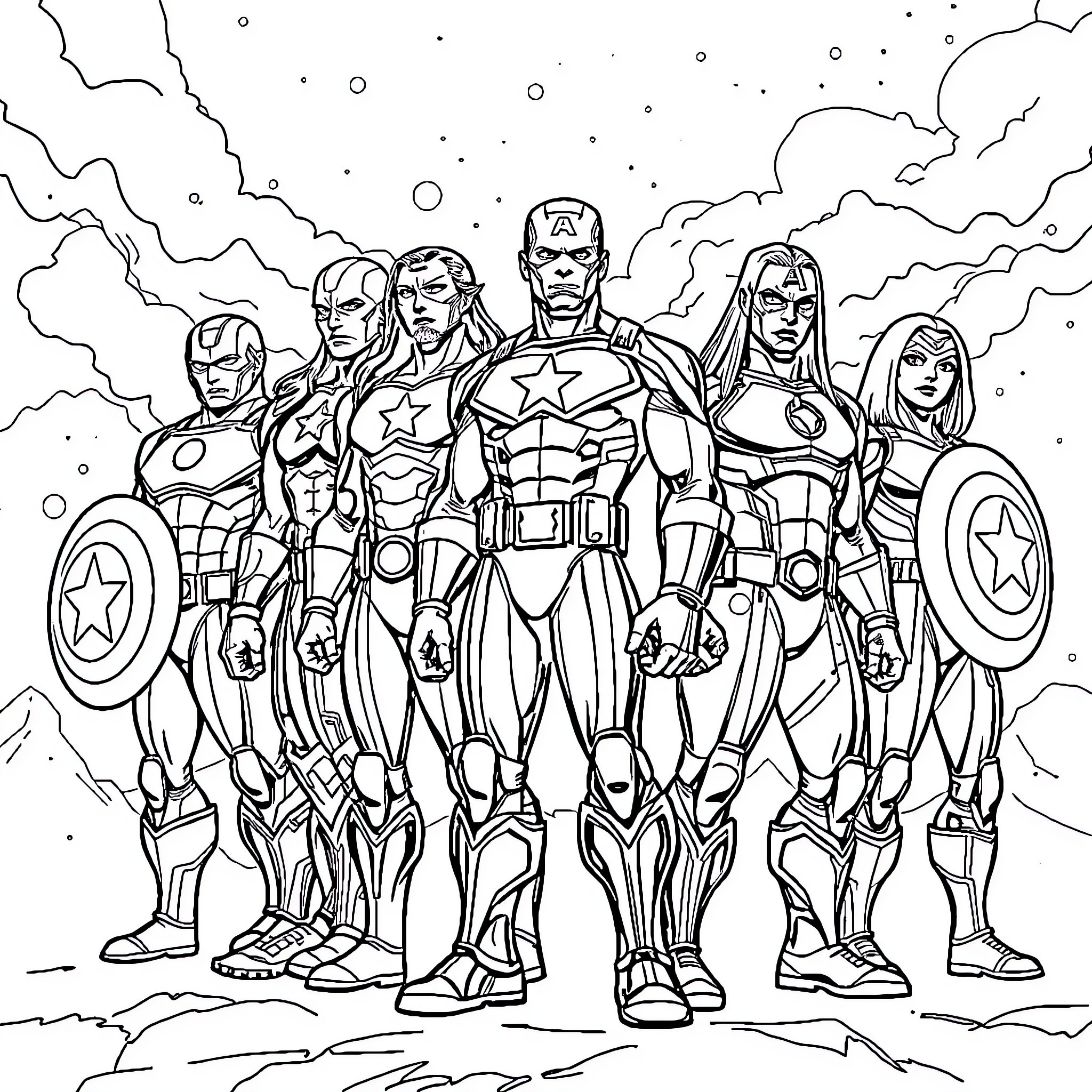 Avengers assembled in heroic poses against a stormy backdrop Coloring Page (free black-and-white line drawing printable PDF for all, from beginners to advanced learners, including children, teens, adults, and seniors)