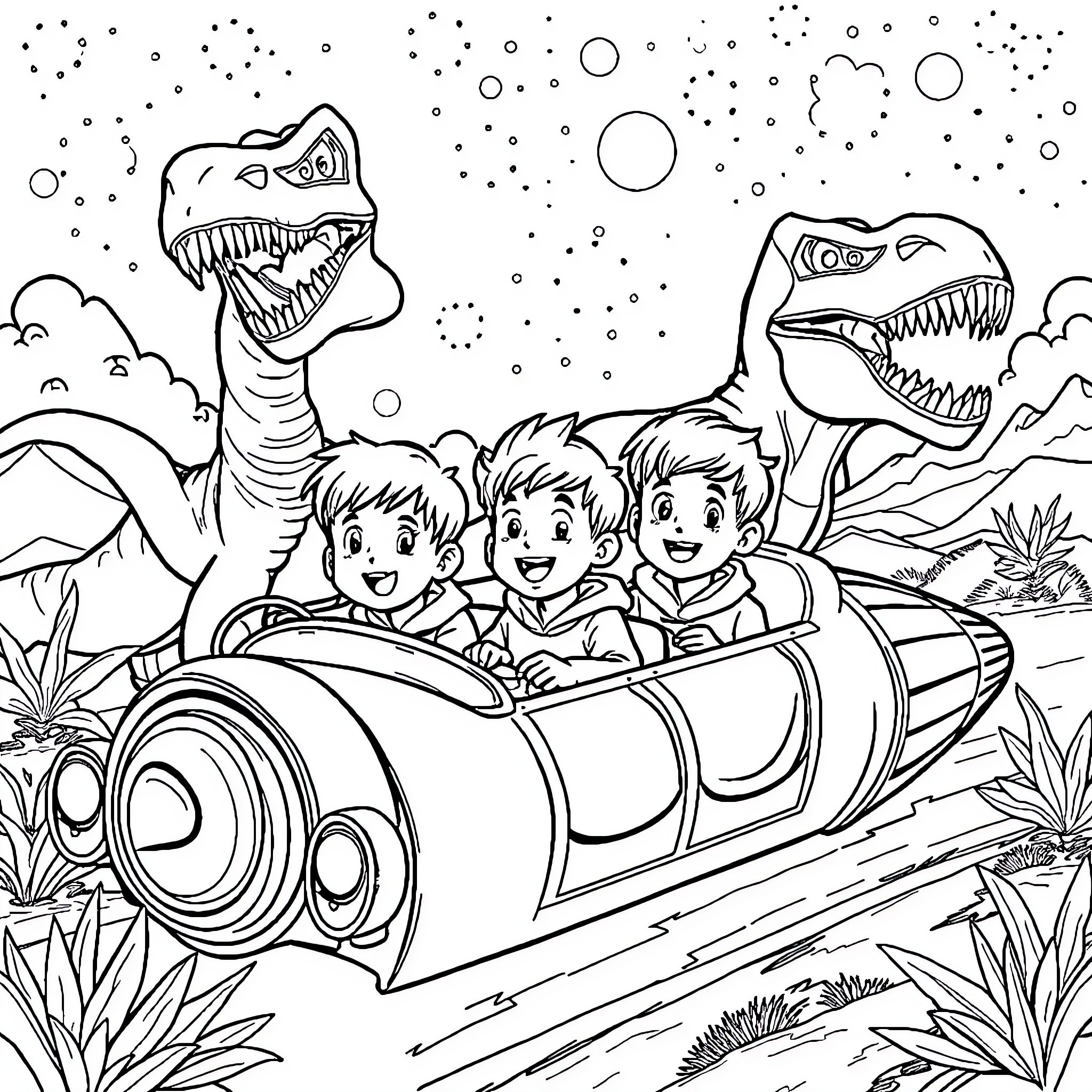 Boy's journey through a magical dinosaur world Coloring Page (free black-and-white line drawing printable PDF for all, from beginners to advanced learners, including children, teens, adults, and seniors)