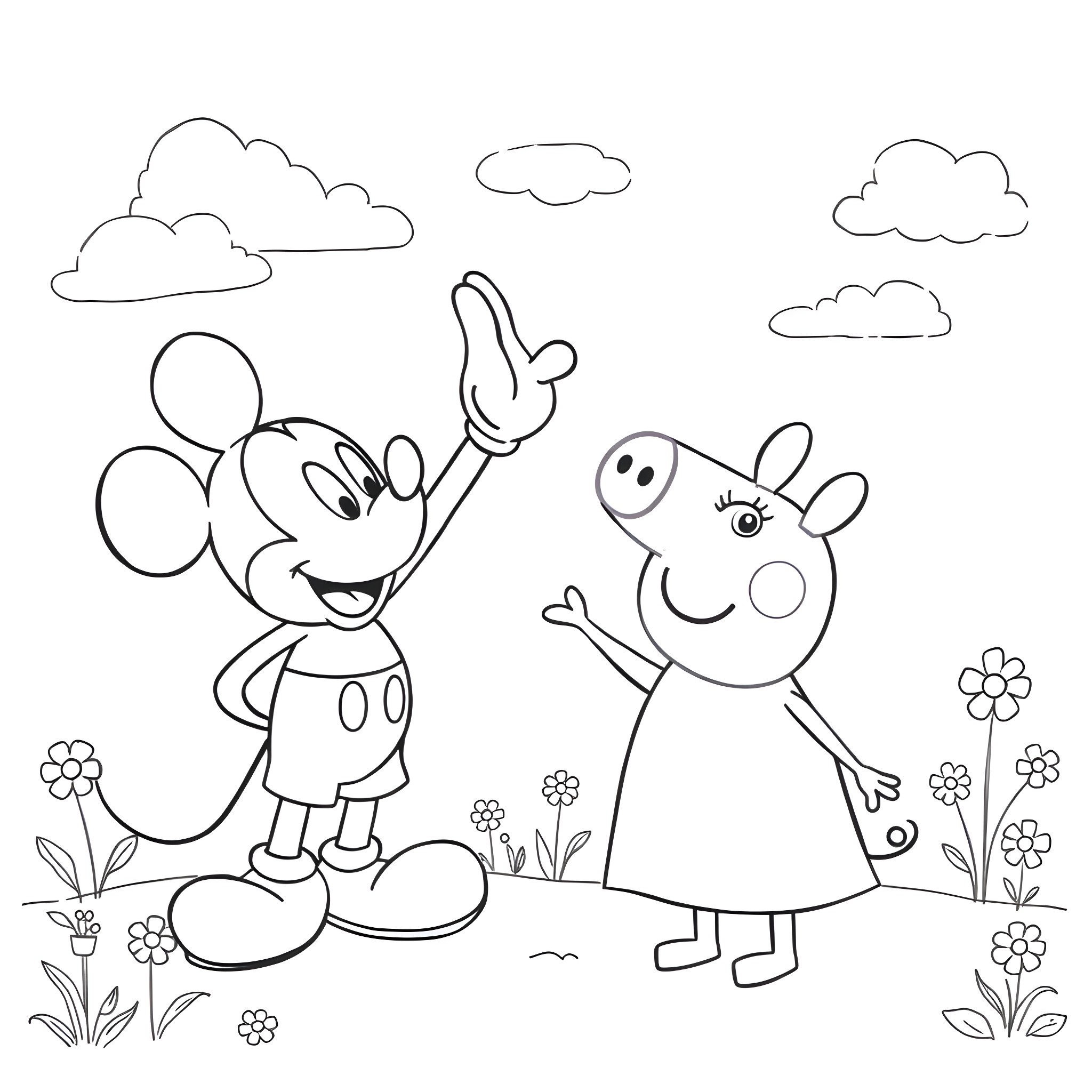 Mickey Mouse and Peppa Pig enjoying the outdoors Coloring Page (free black-and-white line drawing printable PDF for all, from beginners to advanced learners, including children, teens, adults, and seniors)