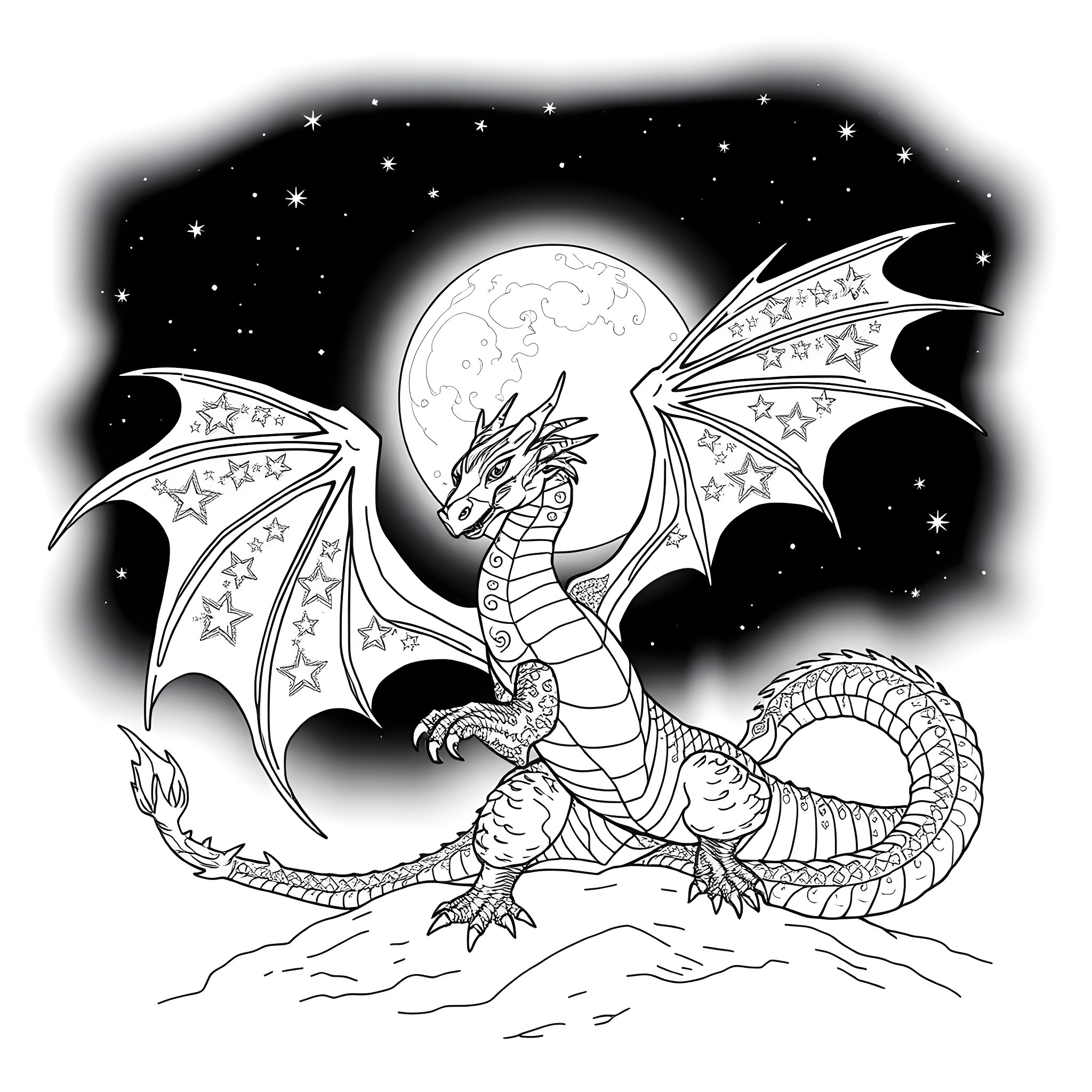 Dragon soaring in the starry night sky Coloring Page (free black-and-white line drawing printable PDF for all, from beginners to advanced learners, including children, teens, adults, and seniors)