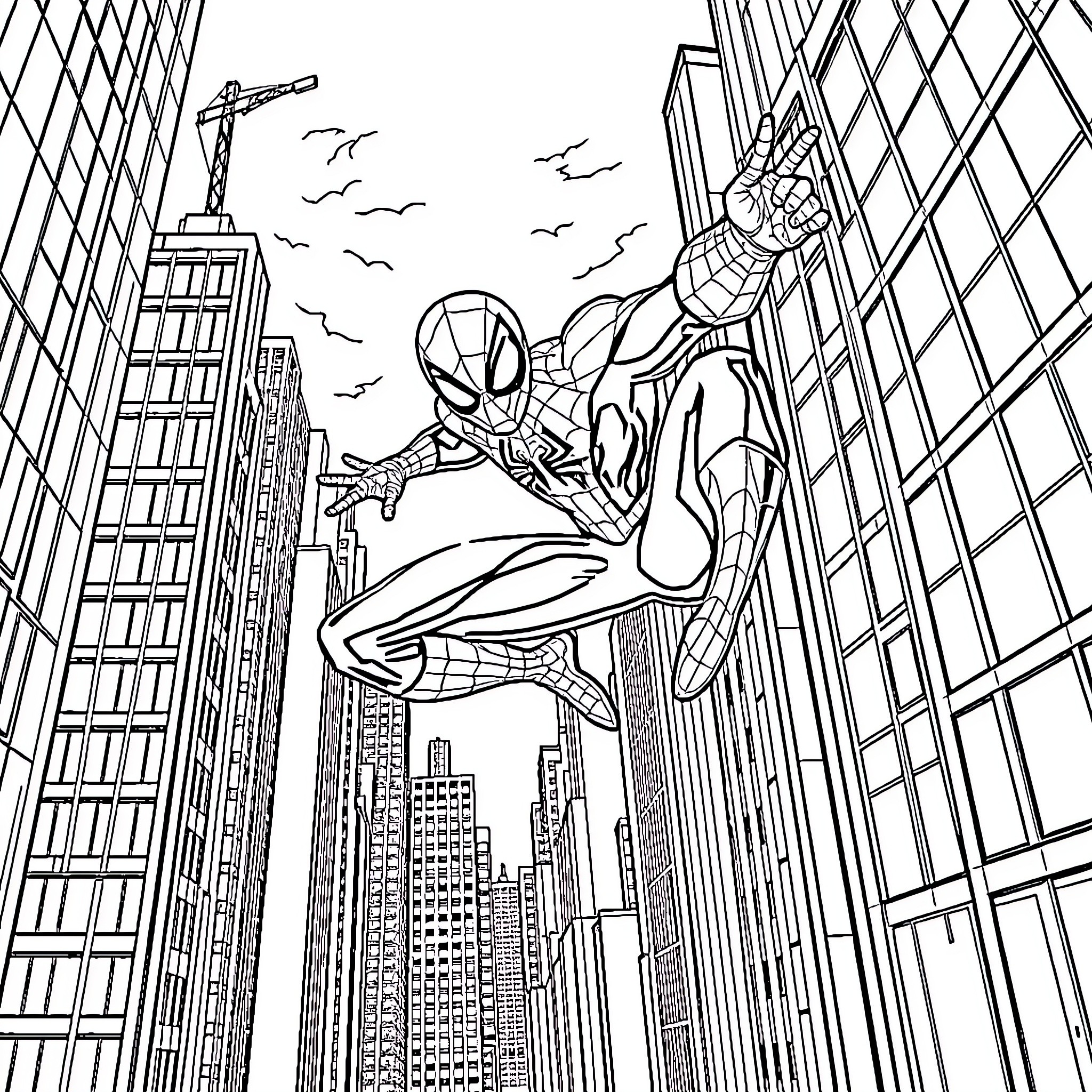 Spider-Man swinging through the city skyline Coloring Page (free black-and-white line drawing printable PDF for all, from beginners to advanced learners, including children, teens, adults, and seniors)