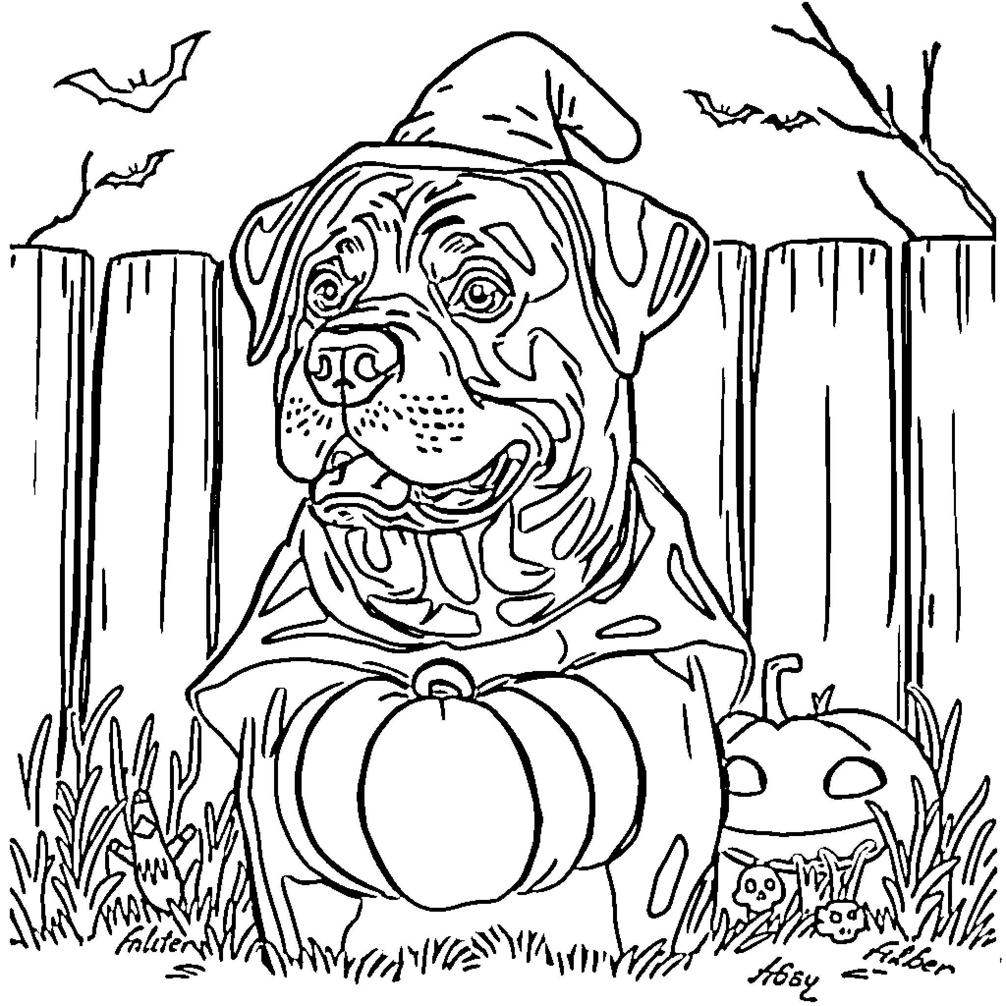 Rottweiler with pumpkin in autumn landscape Coloring Page (free black-and-white line drawing printable PDF for all, from beginners to advanced learners, including children, teens, adults, and seniors)