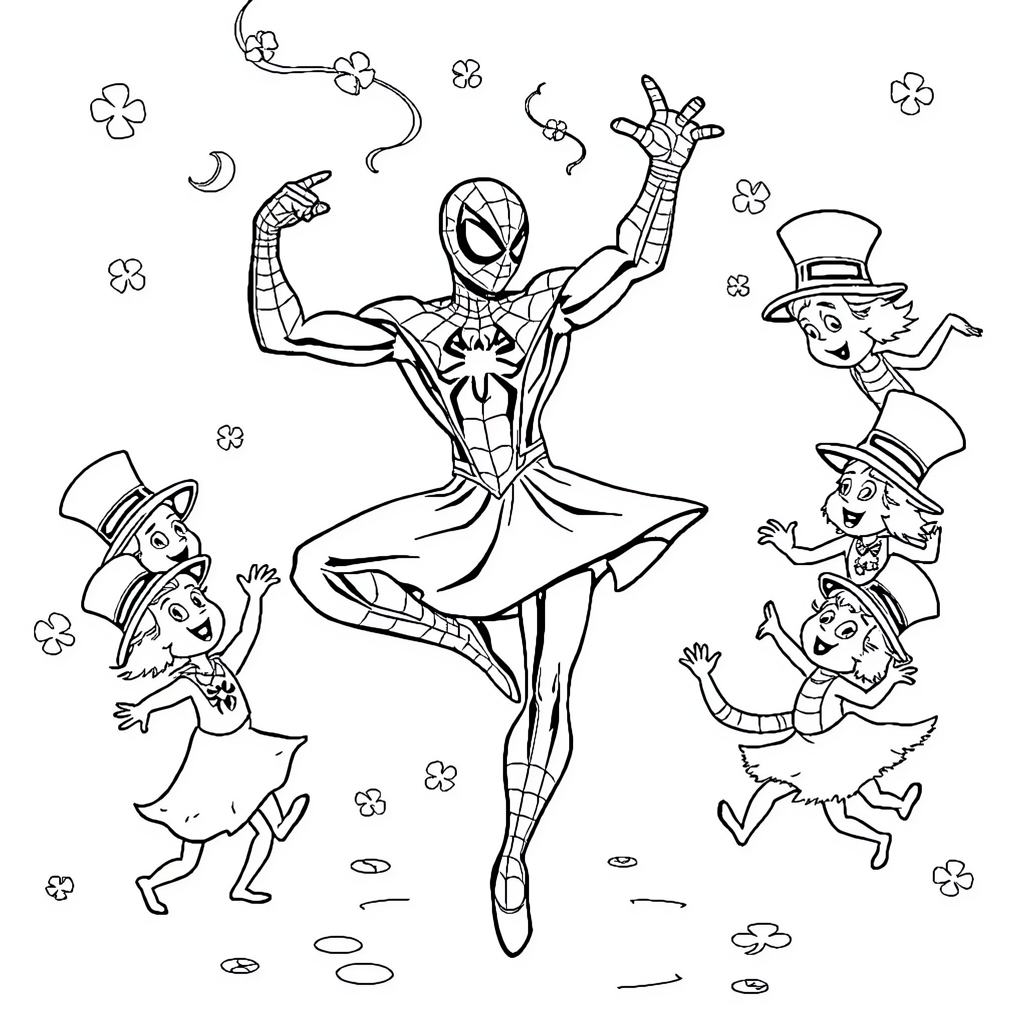 Spiderman's acrobatic dance with whimsical companions Coloring Page (free black-and-white line drawing printable PDF for all, from beginners to advanced learners, including children, teens, adults, and seniors)