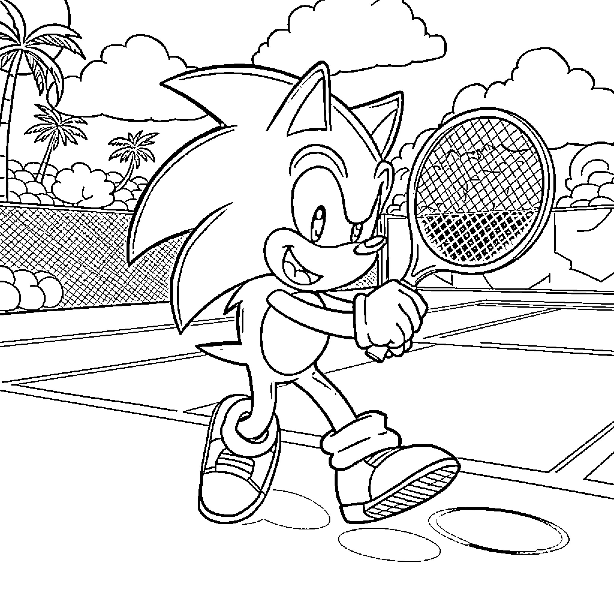 Sonic playing tennis on a tropical court Coloring Page (free black-and-white line drawing printable PDF for all, from beginners to advanced learners, including children, teens, adults, and seniors)