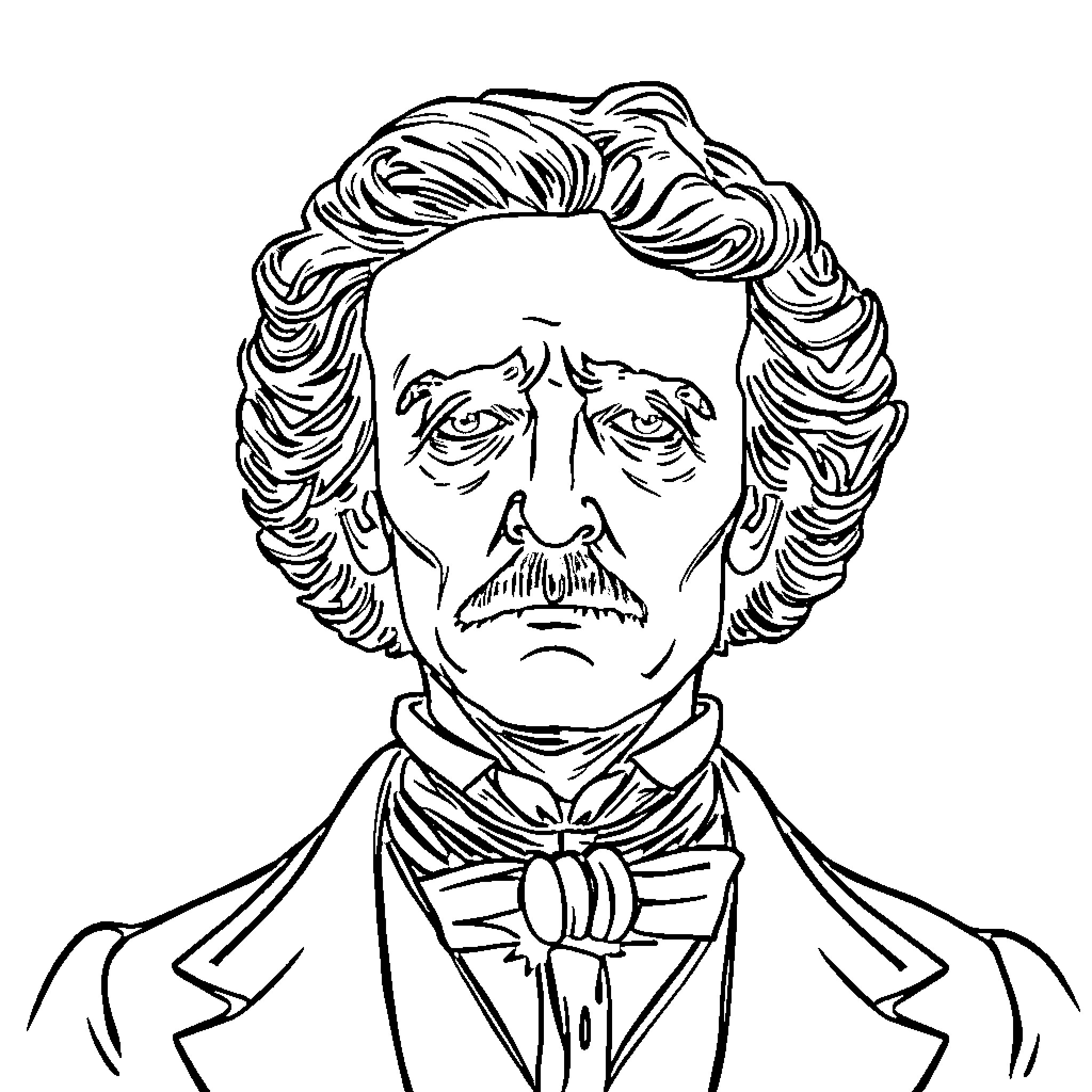 Edgar Allan Poe in a contemplative pose Coloring Page (free black-and-white line drawing printable PDF for all, from beginners to advanced learners, including children, teens, adults, and seniors)