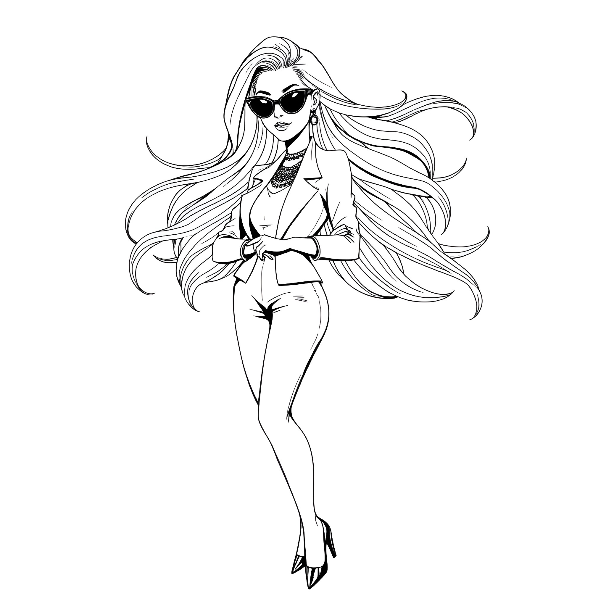 Woman in stylish sunglasses and long flowing hair Coloring Page (free black-and-white line drawing printable PDF for all, from beginners to advanced learners, including children, teens, adults, and seniors)