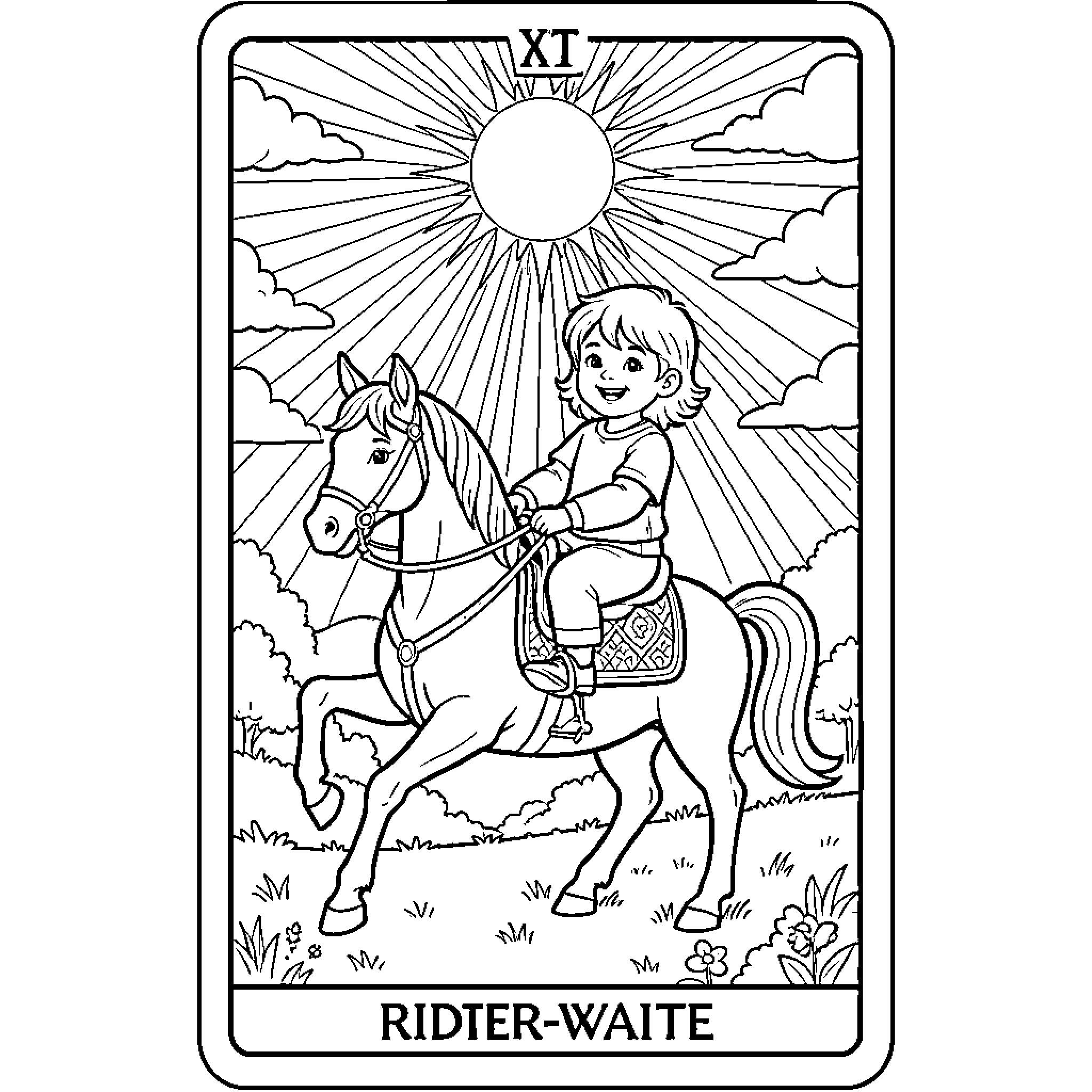 Sun shining on child riding horse in meadow Coloring Page (free black-and-white line drawing printable PDF for all, from beginners to advanced learners, including children, teens, adults, and seniors)