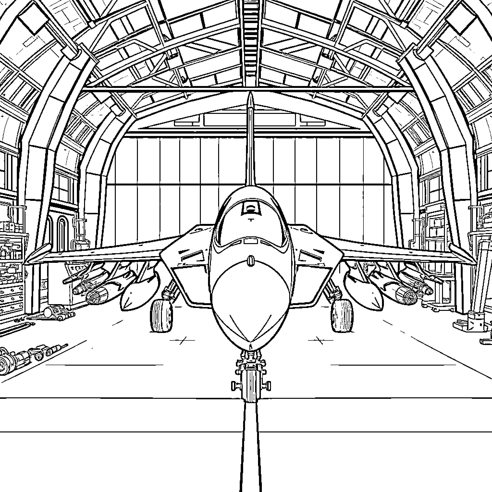 Jet Fighter Hangar Maintenance and Inspection Coloring Page (free black-and-white line drawing printable PDF for all, from beginners to advanced learners, including children, teens, adults, and seniors)