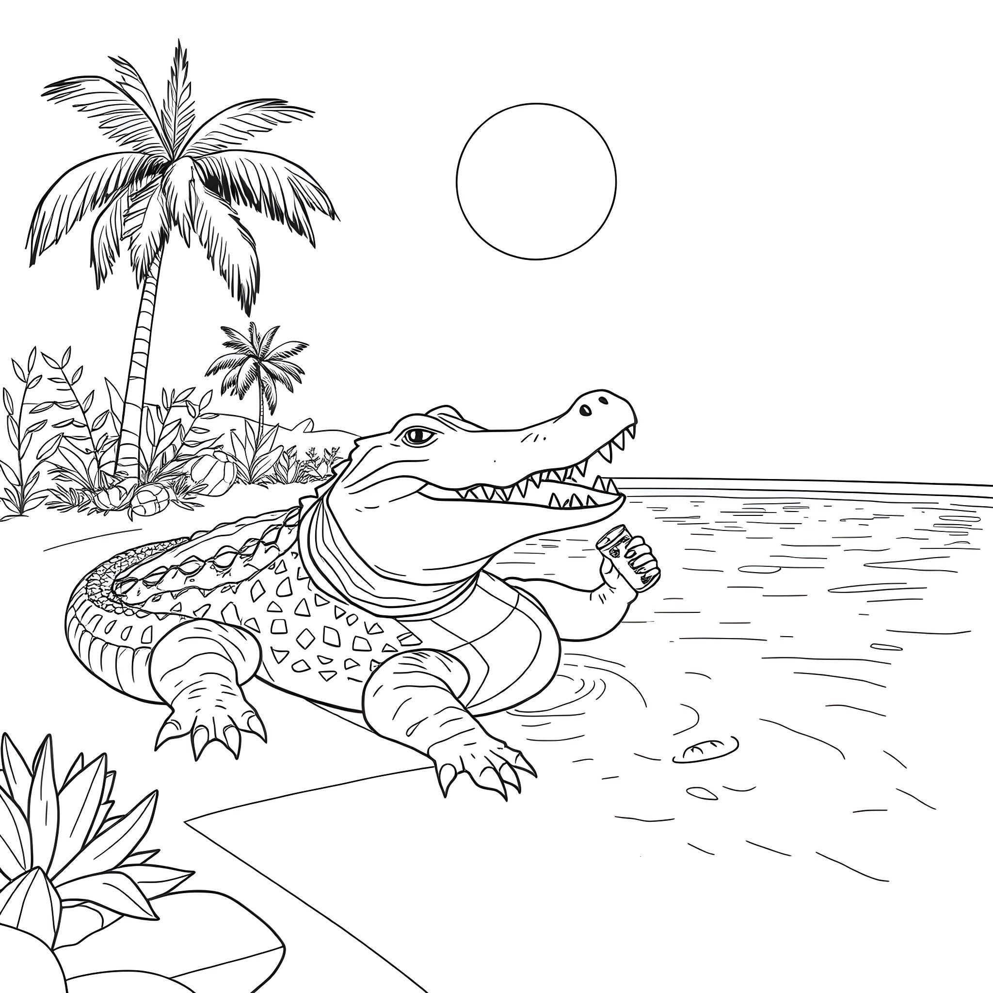 Alligator swimming in tropical paradise Coloring Page (free black-and-white line drawing printable PDF for all, from beginners to advanced learners, including children, teens, adults, and seniors)