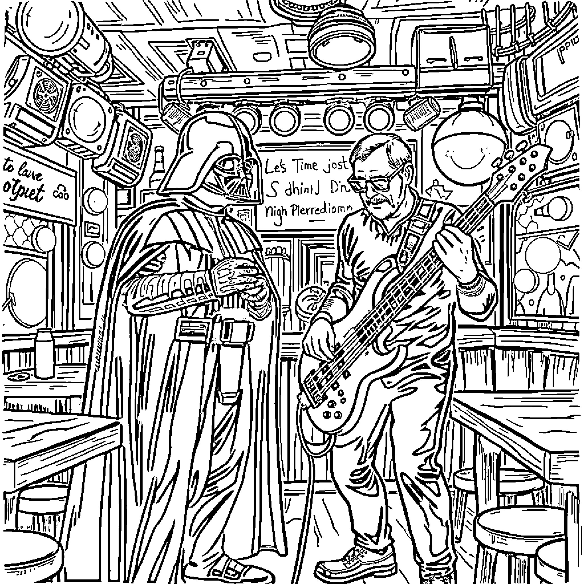 Darth Vader confronts a musician in a futuristic setting Coloring Page (free black-and-white line drawing printable PDF for all, from beginners to advanced learners, including children, teens, adults, and seniors)