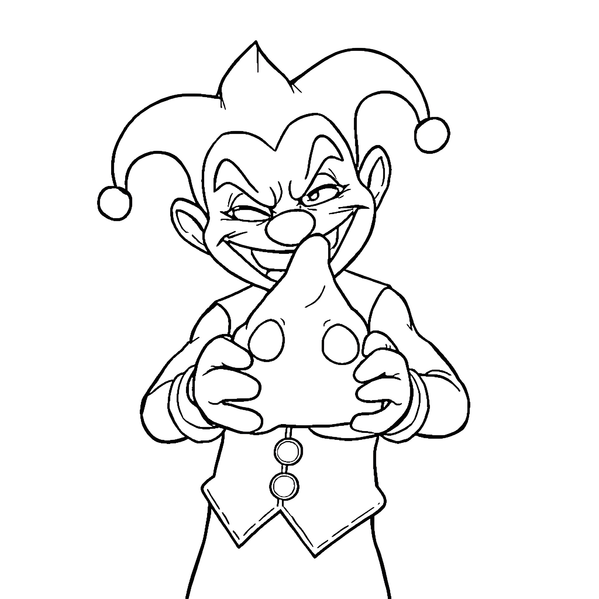 Riddler in a mischievous pose with jester-like outfit Coloring Page (free black-and-white line drawing printable PDF for all, from beginners to advanced learners, including children, teens, adults, and seniors)