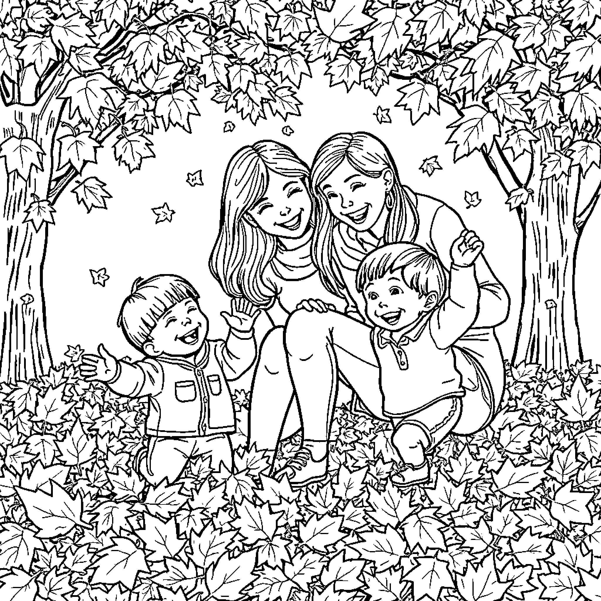 Mother and children enjoying autumn leaves together Coloring Page (free black-and-white line drawing printable PDF for all, from beginners to advanced learners, including children, teens, adults, and seniors)