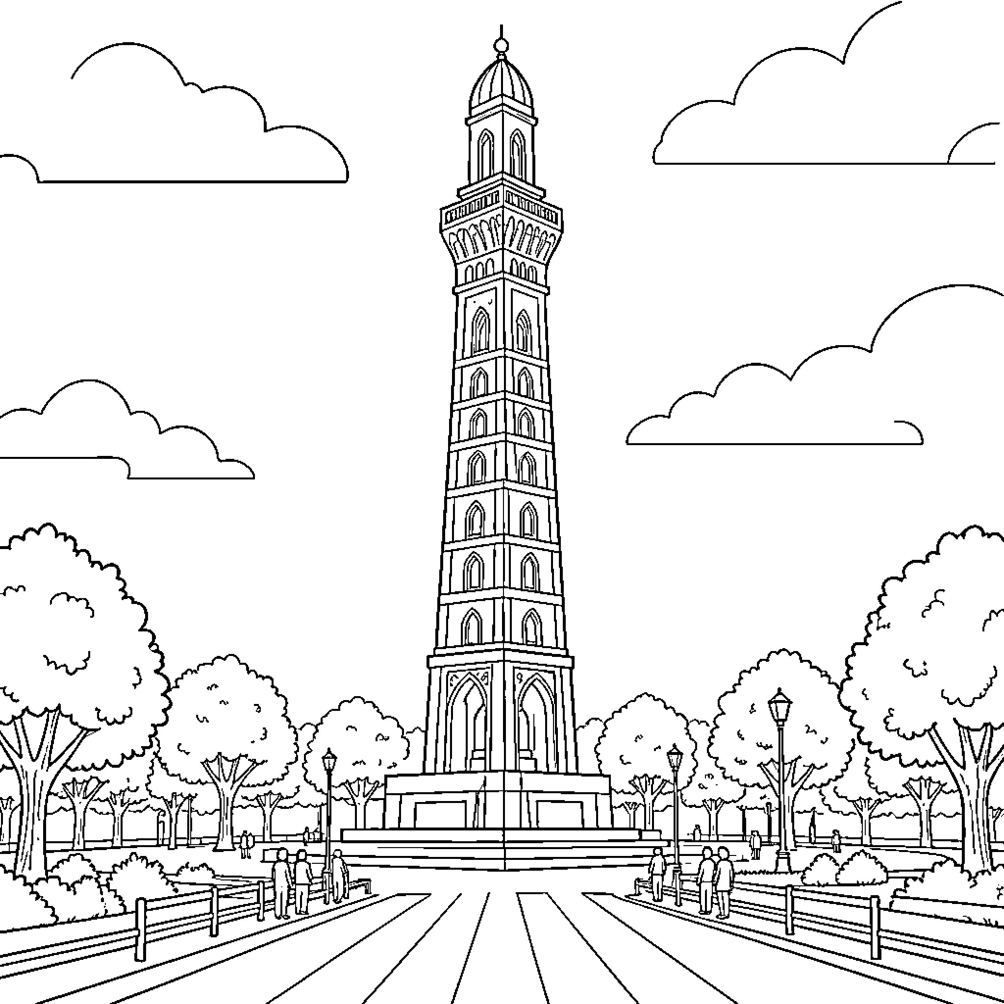 Minar e Pakistan standing tall amidst a peaceful park Coloring Page (free black-and-white line drawing printable PDF for all, from beginners to advanced learners, including children, teens, adults, and seniors)