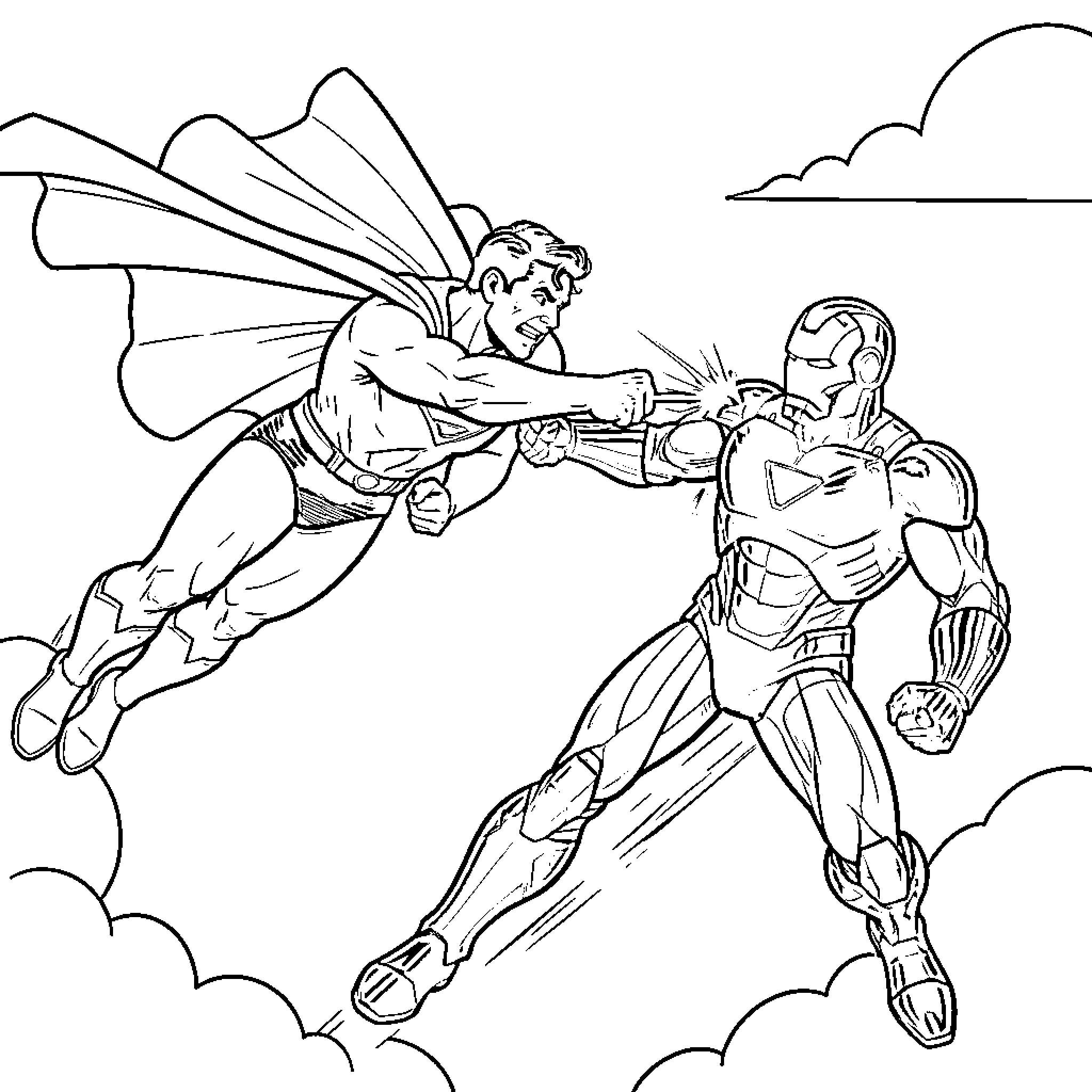 Superman battling a futuristic robotic villain in the sky Coloring Page (free black-and-white line drawing printable PDF for all, from beginners to advanced learners, including children, teens, adults, and seniors)