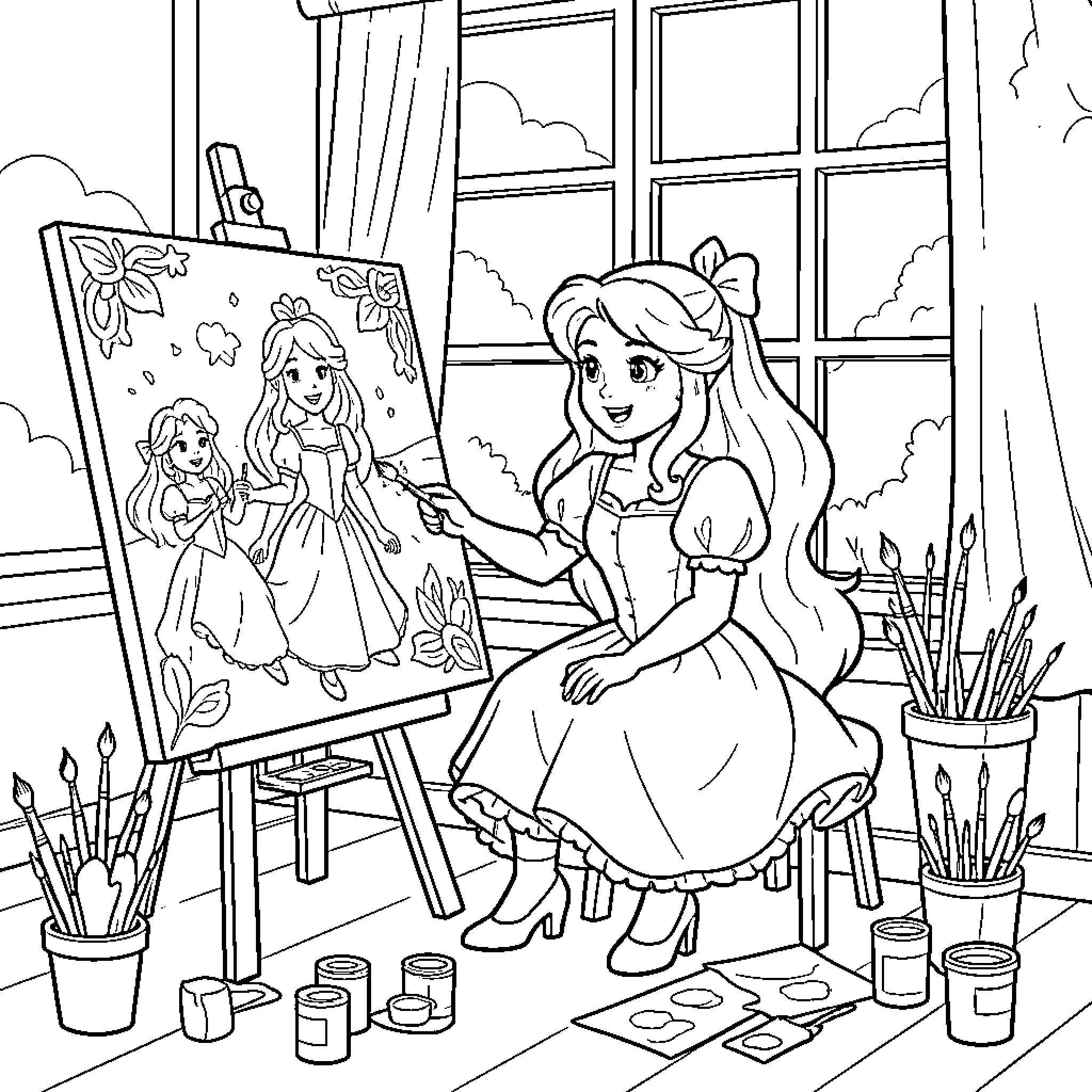 Raiponce painting portraits on a canvas at an easel Coloring Page (free black-and-white line drawing printable PDF for all, from beginners to advanced learners, including children, teens, adults, and seniors)