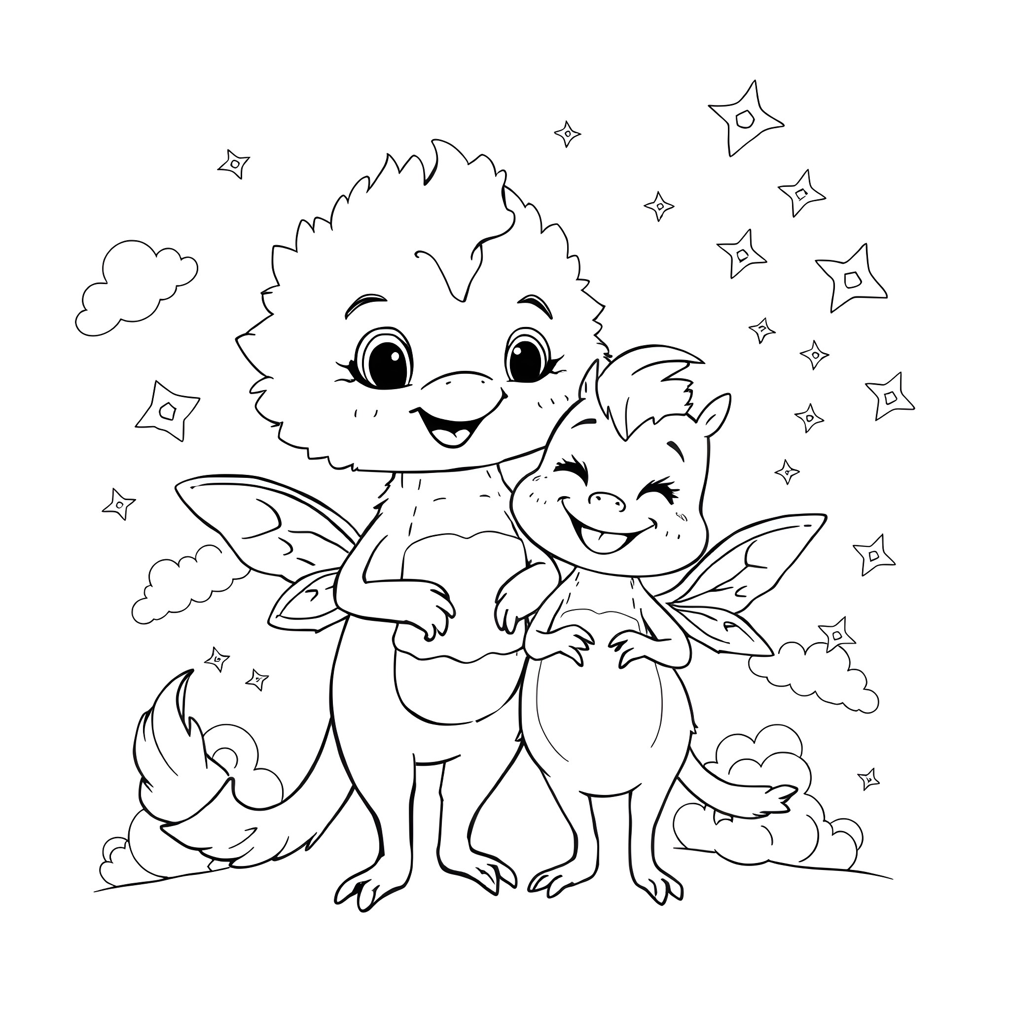 Labubu's Playful Fairy Adventure Coloring Page (free black-and-white line drawing printable PDF for all, from beginners to advanced learners, including children, teens, adults, and seniors)