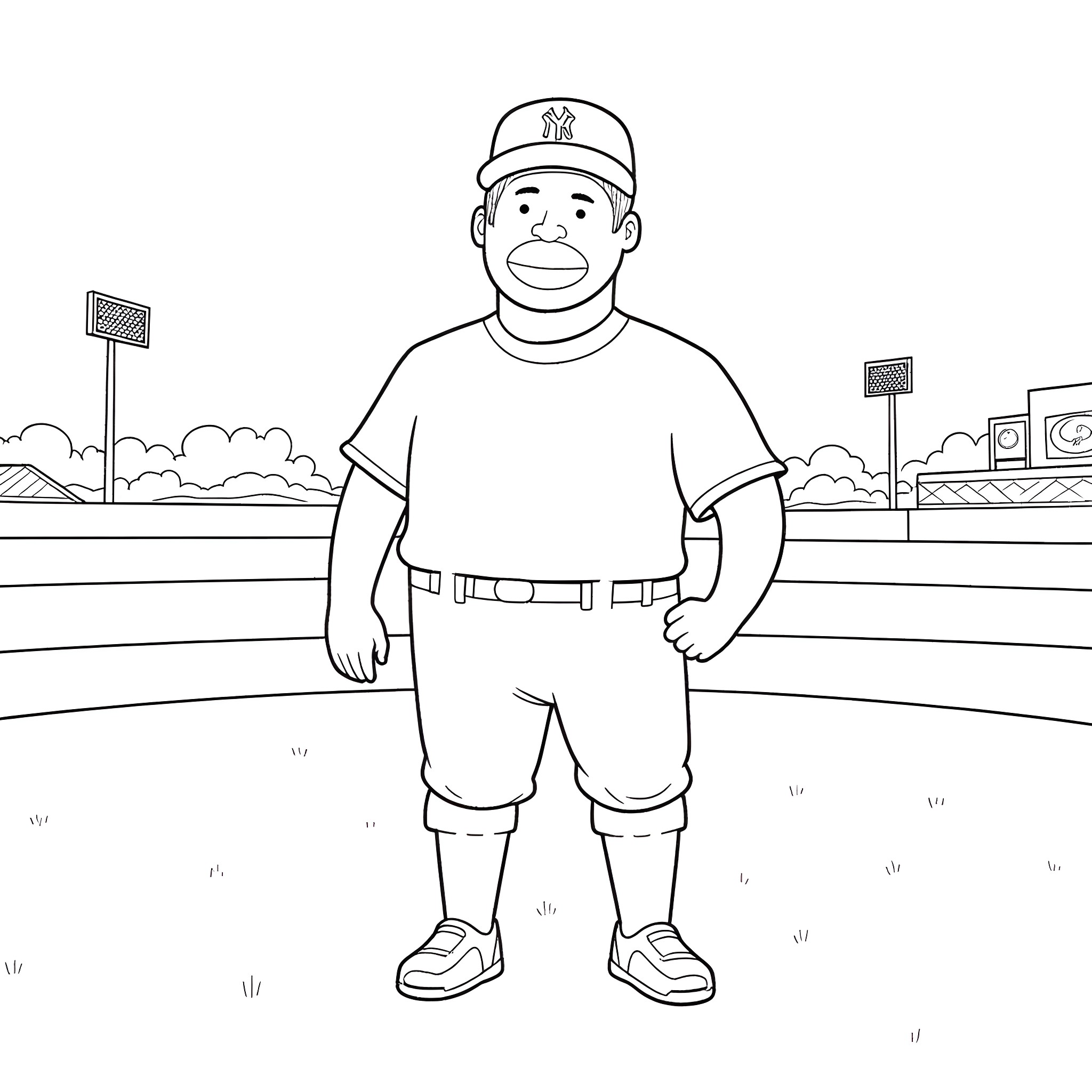 Bob the baseball player on the field Coloring Page (free black-and-white line drawing printable PDF for all, from beginners to advanced learners, including children, teens, adults, and seniors)