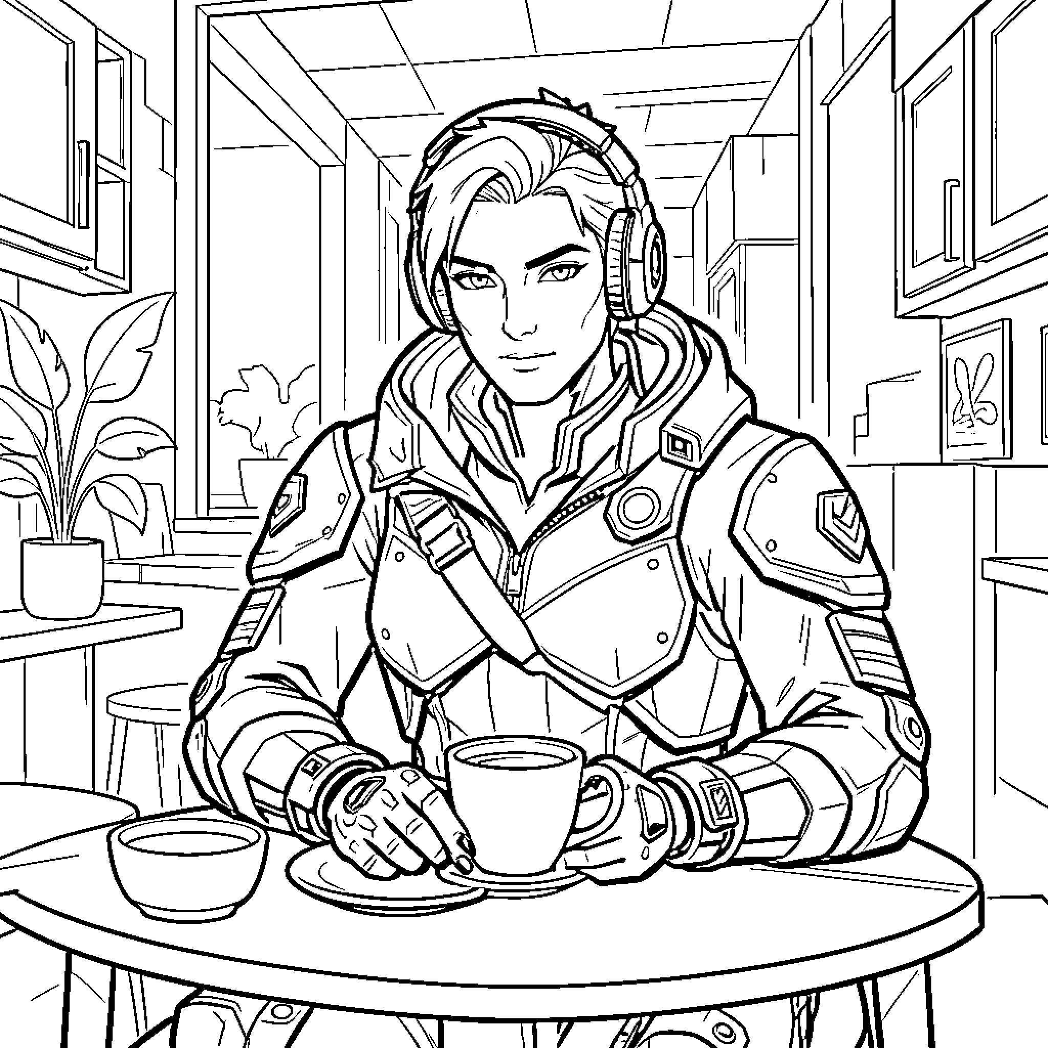 Valorant character sitting at a table drinking coffee Coloring Page (free black-and-white line drawing printable PDF for all, from beginners to advanced learners, including children, teens, adults, and seniors)