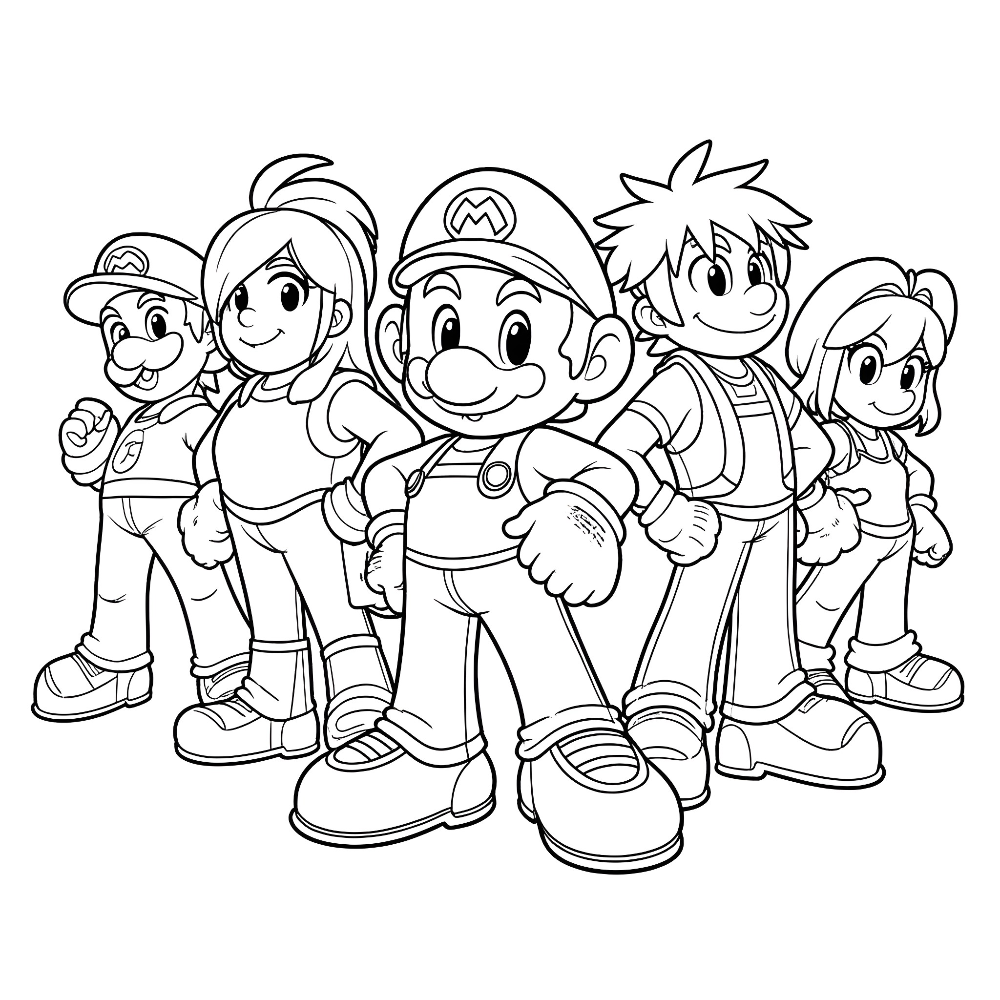 Character group in playful poses Coloring Page (free black-and-white line drawing printable PDF for all, from beginners to advanced learners, including children, teens, adults, and seniors)