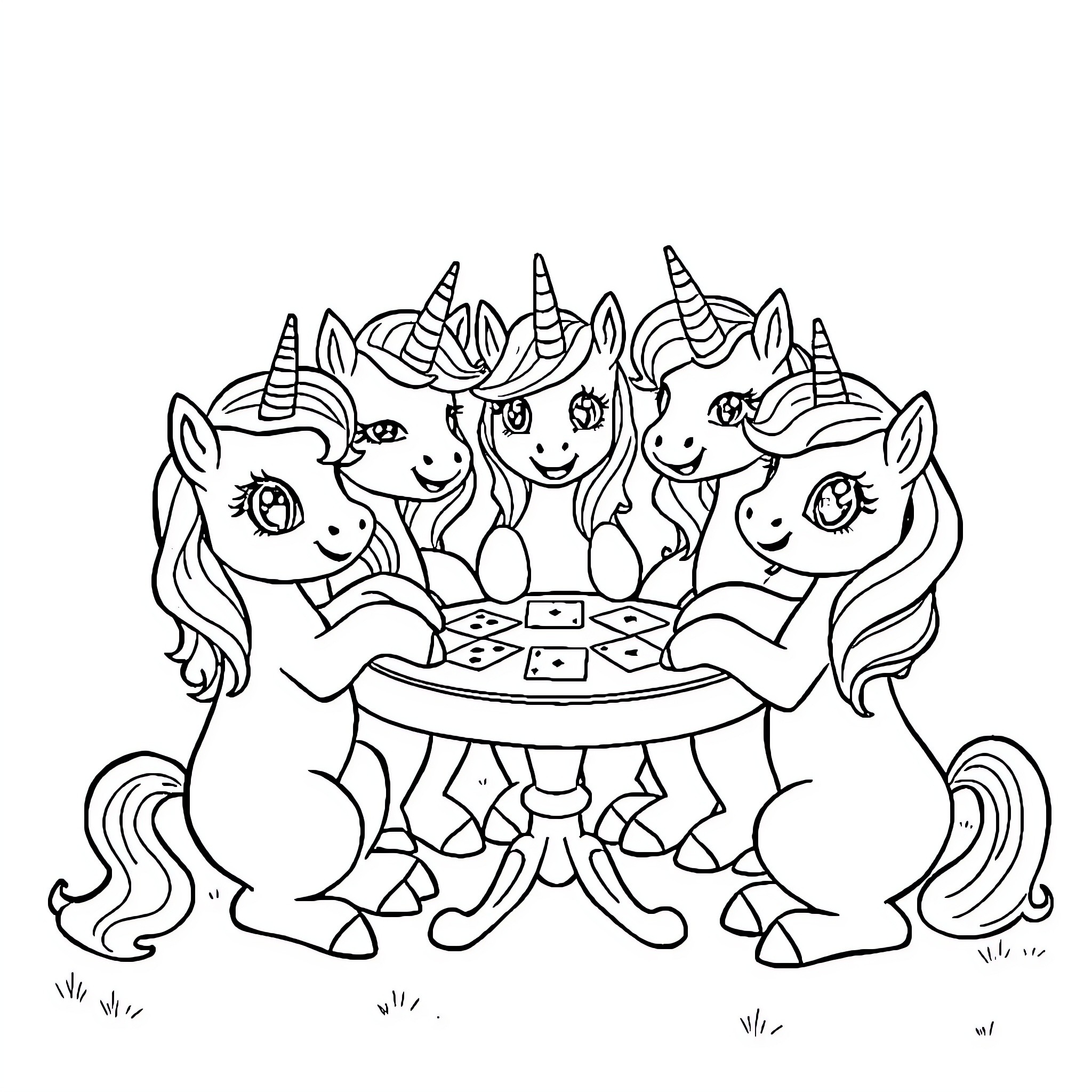 Unicorn friends enjoying tea party together Coloring Page (free black-and-white line drawing printable PDF for all, from beginners to advanced learners, including children, teens, adults, and seniors)
