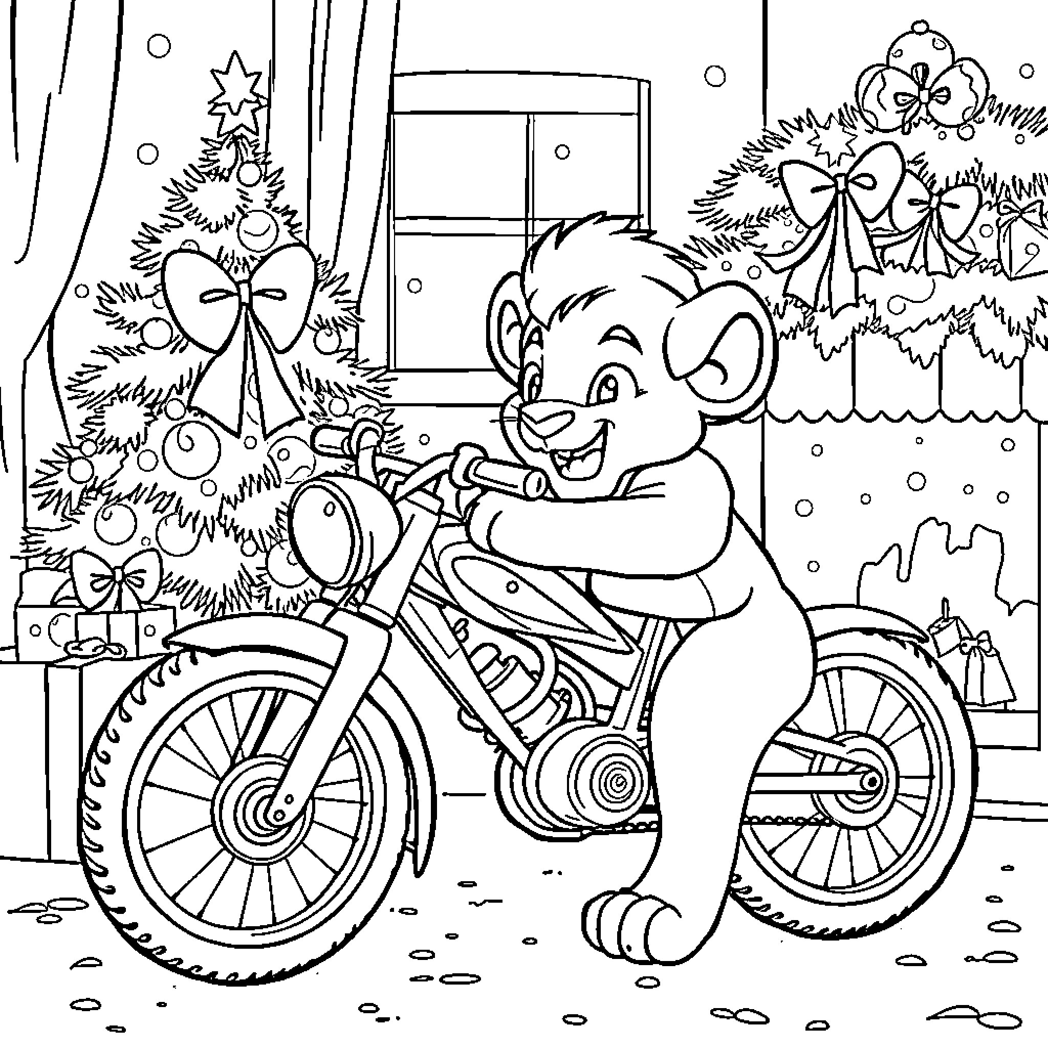 Simba riding a bicycle in front of a Christmas tree Coloring Page (free black-and-white line drawing printable PDF for all, from beginners to advanced learners, including children, teens, adults, and seniors)