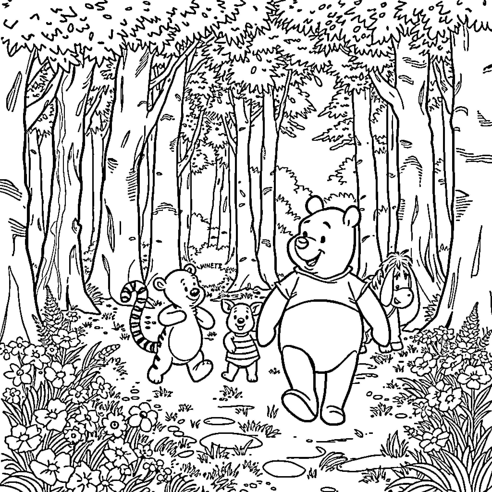Winnie The Pooh and friends explore the enchanting forest Coloring Page (free black-and-white line drawing printable PDF for all, from beginners to advanced learners, including children, teens, adults, and seniors)