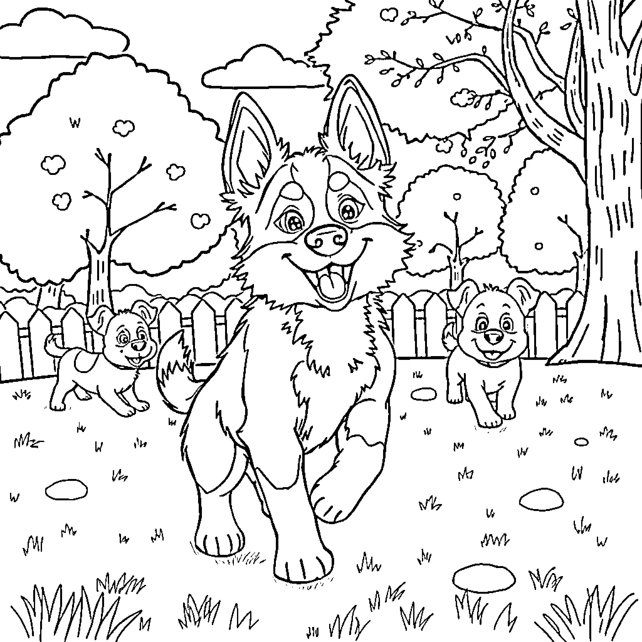 Bluey and Bingo's Playful Adventure Coloring Page (free black-and-white line drawing printable PDF for all, from beginners to advanced learners, including children, teens, adults, and seniors)