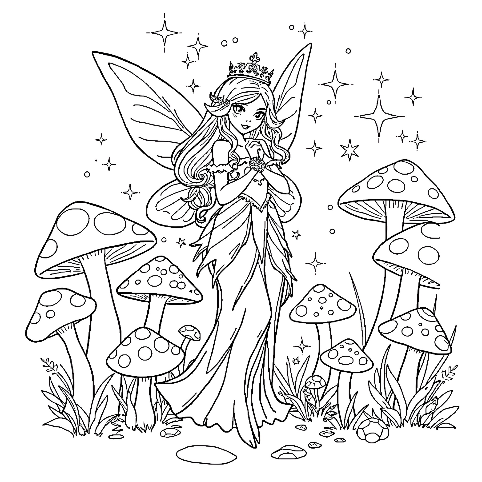 Fairy in magical mushroom forest Coloring Page (free black-and-white line drawing printable PDF for all, from beginners to advanced learners, including children, teens, adults, and seniors)