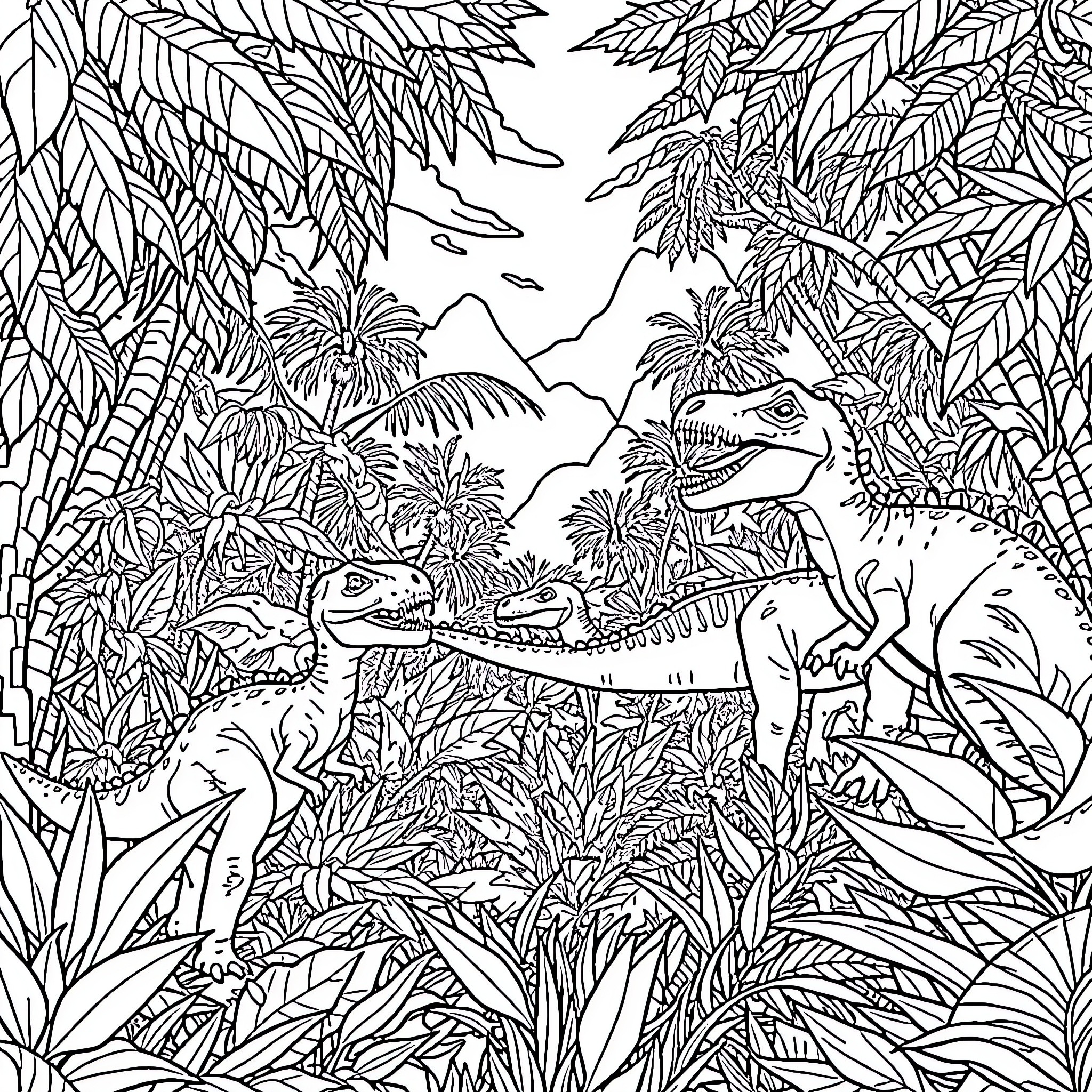 Dinosaurs in the Lush Tropical Jungle Coloring Page (free black-and-white line drawing printable PDF for all, from beginners to advanced learners, including children, teens, adults, and seniors)