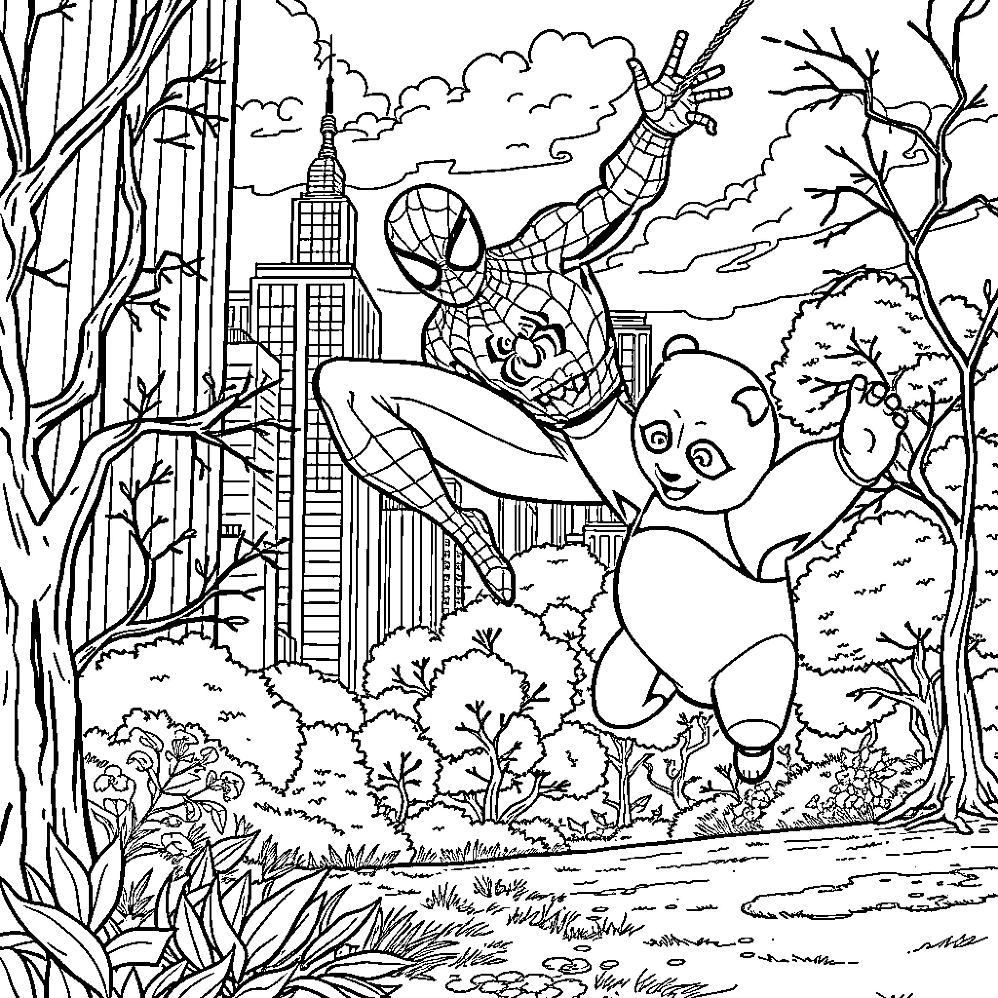 Spider-Man Swinging Through the Lush Forest Scenery Coloring Page (free black-and-white line drawing printable PDF for all, from beginners to advanced learners, including children, teens, adults, and seniors)