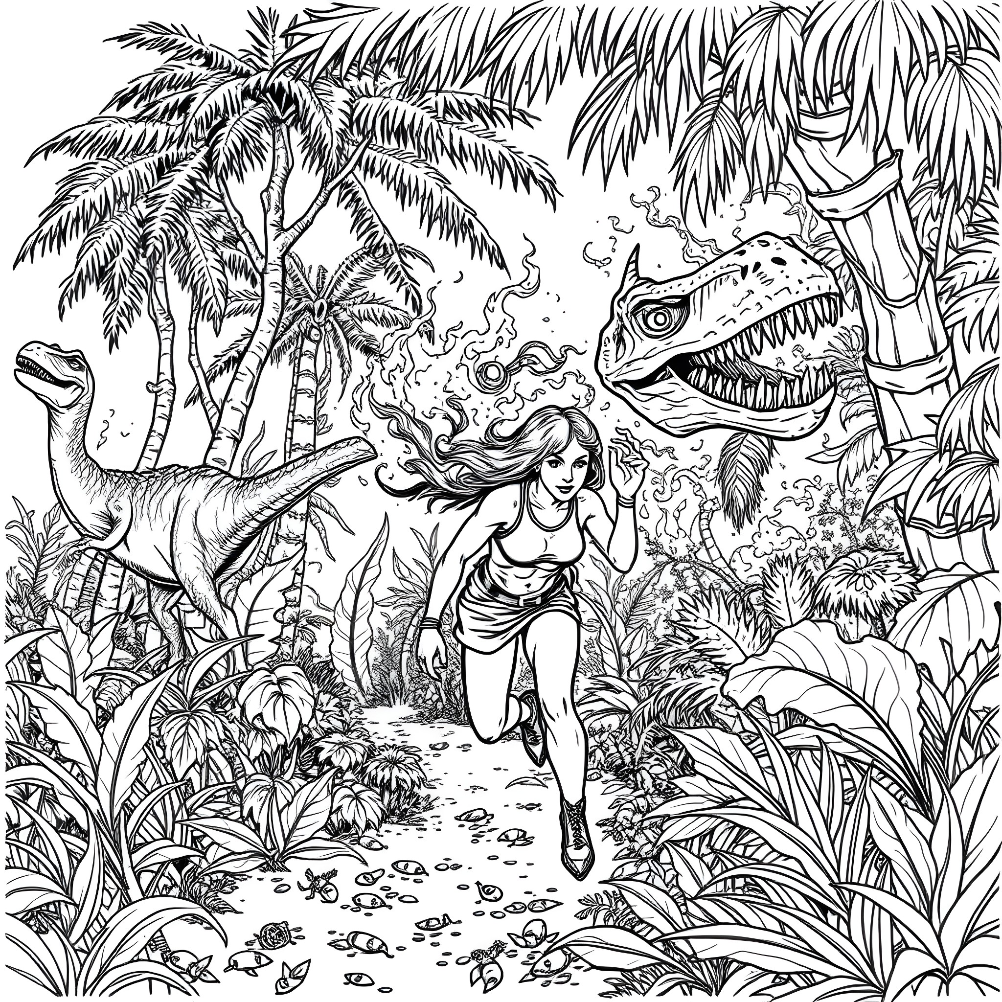 Woman running through lush jungle landscape Coloring Page (free black-and-white line drawing printable PDF for all, from beginners to advanced learners, including children, teens, adults, and seniors)