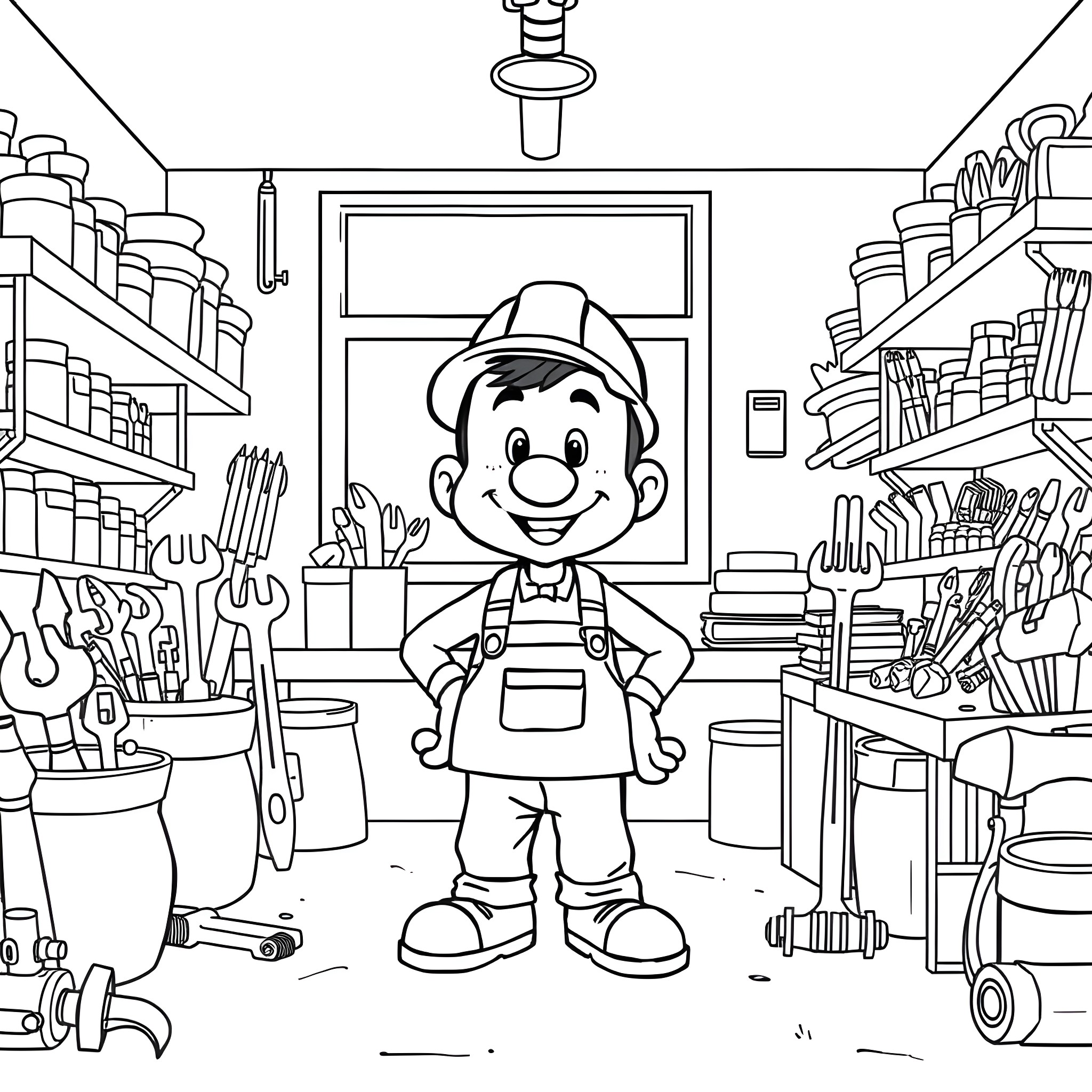 Handy Manny Helping in the Hardware Store Coloring Page (free black-and-white line drawing printable PDF for all, from beginners to advanced learners, including children, teens, adults, and seniors)