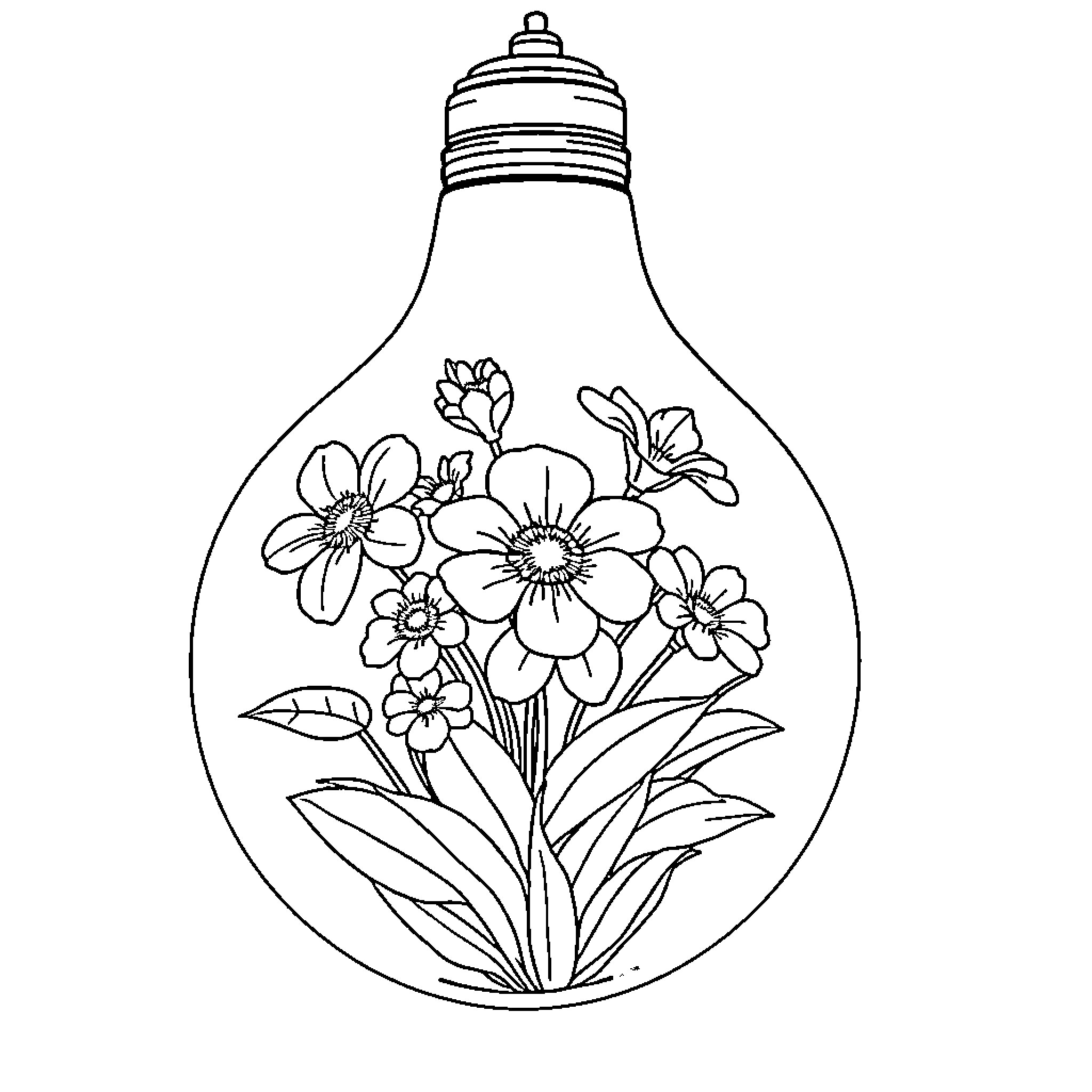 Flower Bouquet in Lightbulb Silhouette Coloring Page (free black-and-white line drawing printable PDF for all, from beginners to advanced learners, including children, teens, adults, and seniors)