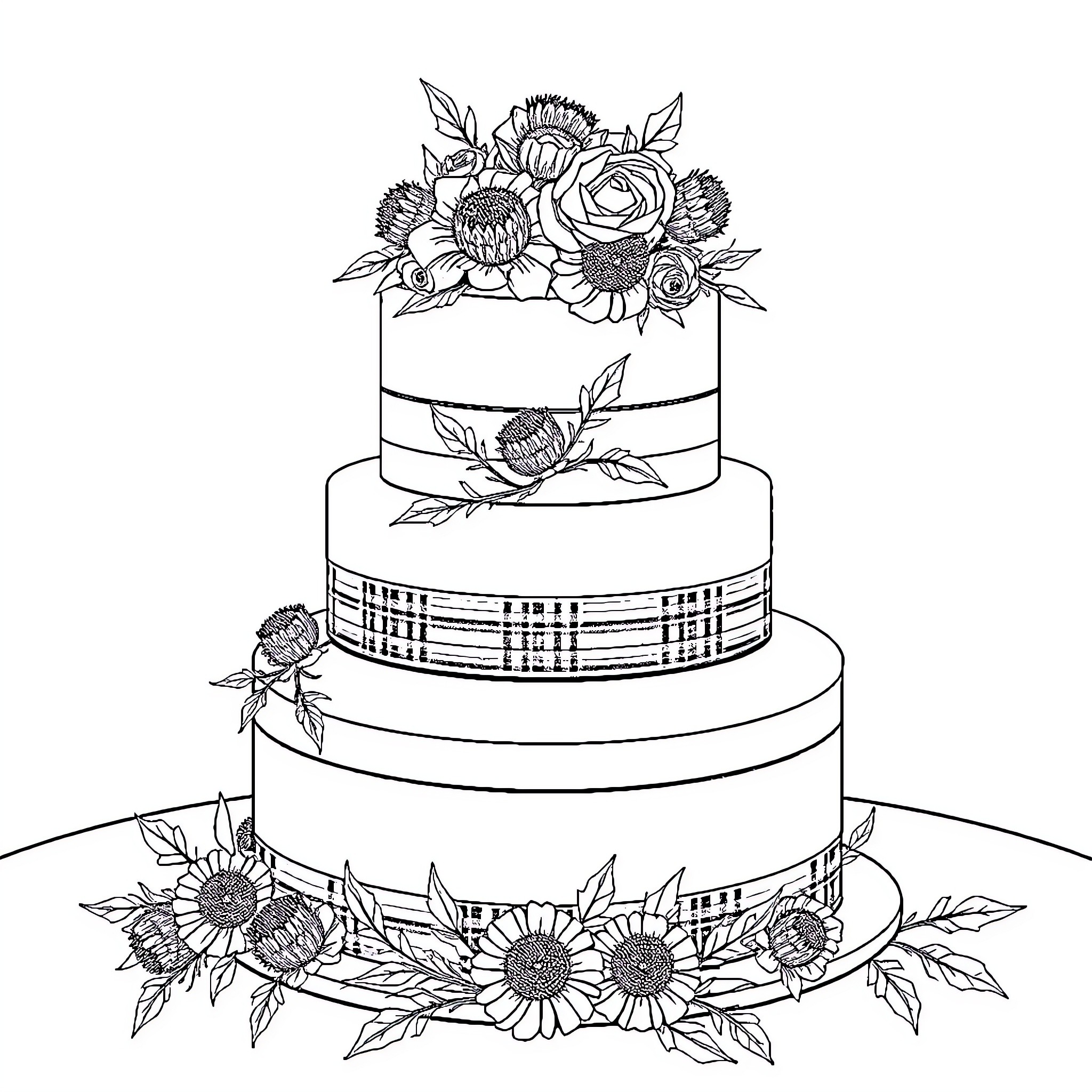 Wedding Cake with Floral Decorations Coloring Page (free black-and-white line drawing printable PDF for all, from beginners to advanced learners, including children, teens, adults, and seniors)