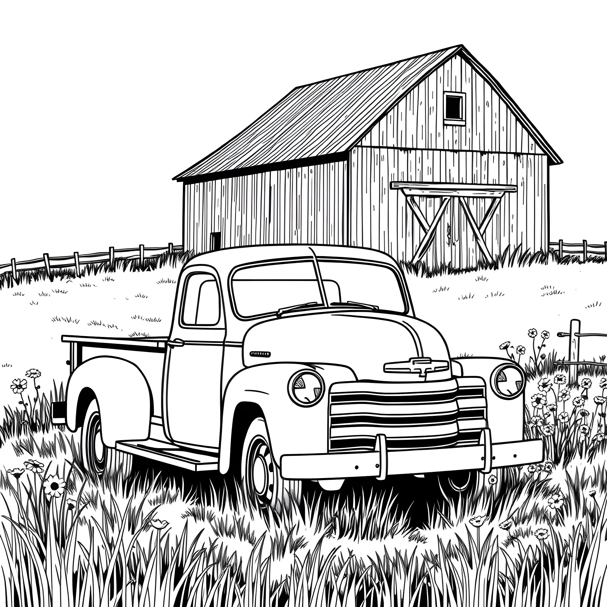 Truck parked in a rural farmyard scene Coloring Page (free black-and-white line drawing printable PDF for all, from beginners to advanced learners, including children, teens, adults, and seniors)
