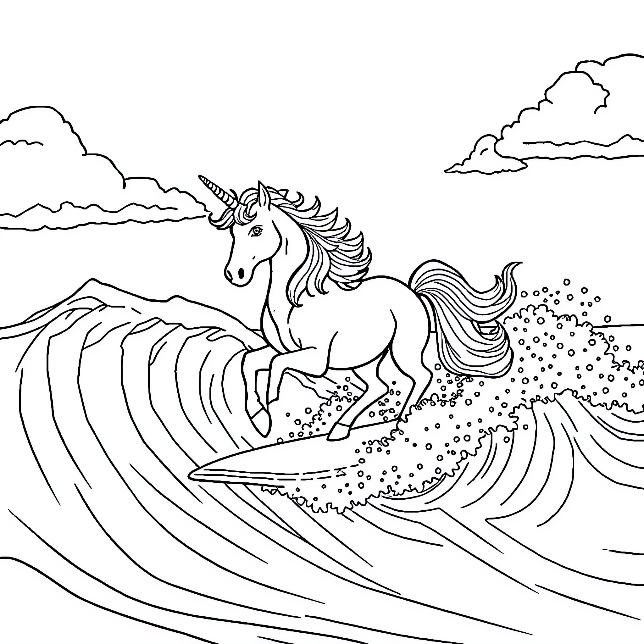 Unicorn surfing on a magical wave Coloring Page (free black-and-white line drawing printable PDF for all, from beginners to advanced learners, including children, teens, adults, and seniors)
