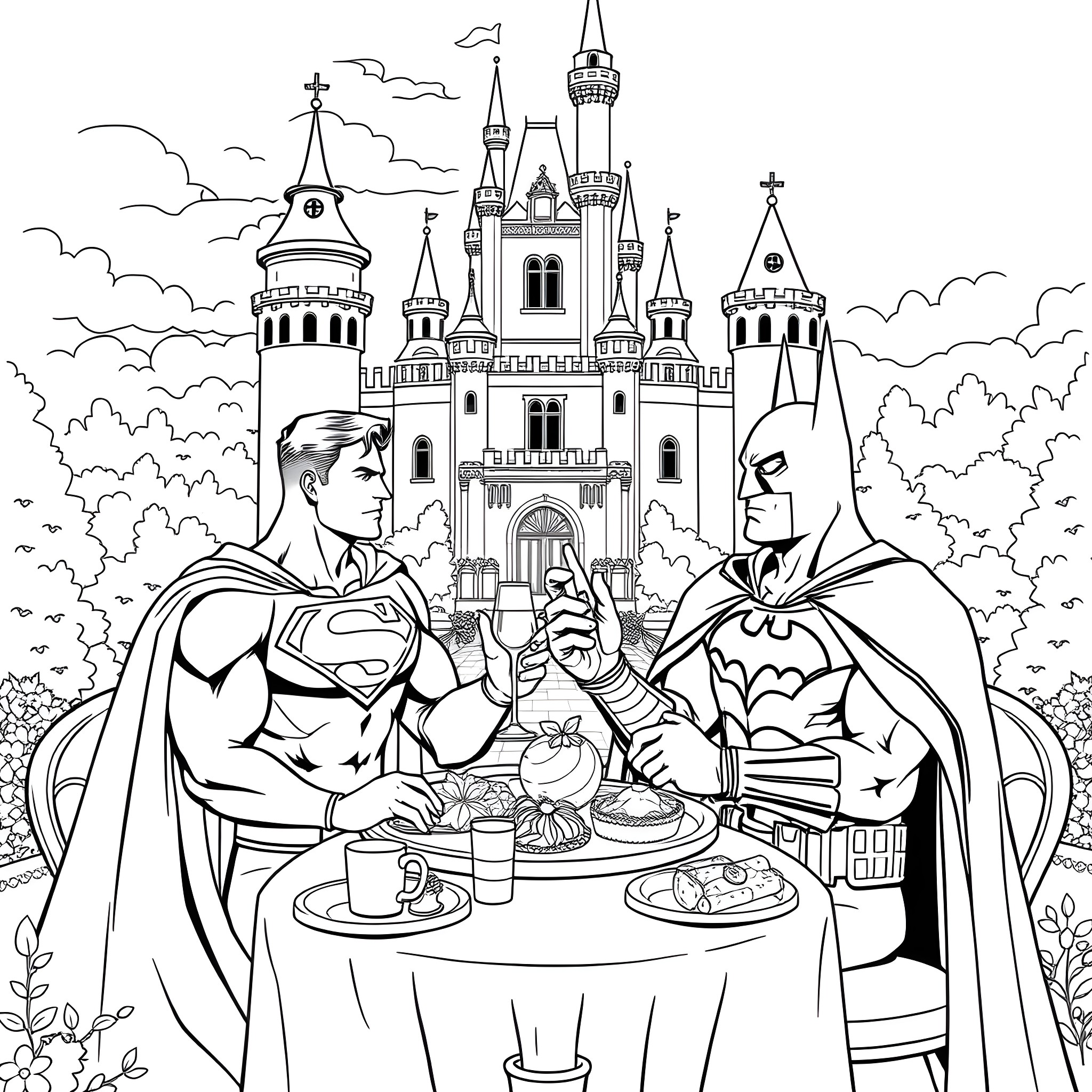 Superman and Batman Enjoying a Meal at a Magical Castle Coloring Page (free black-and-white line drawing printable PDF for all, from beginners to advanced learners, including children, teens, adults, and seniors)