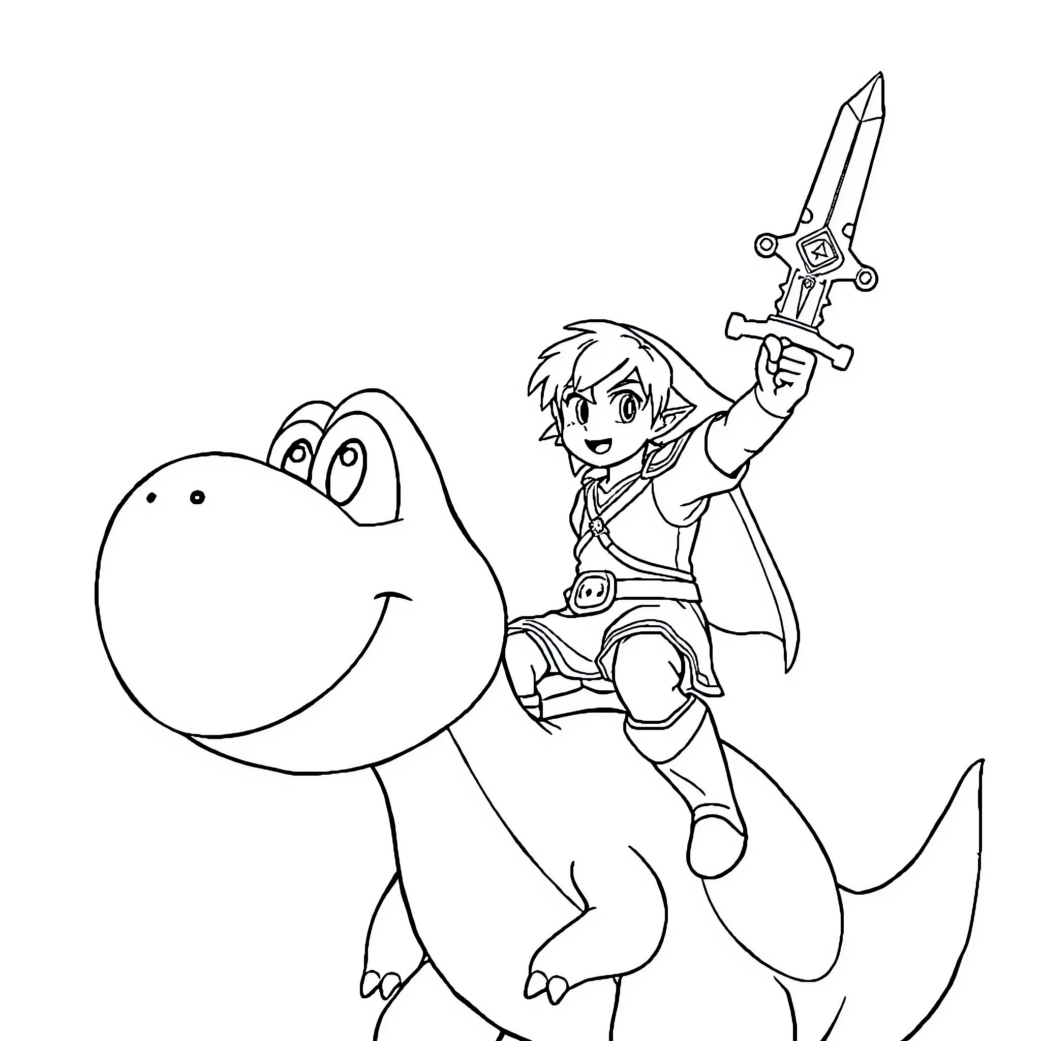 Link Riding a Friendly Dinosaur Coloring Page (free black-and-white line drawing printable PDF for all, from beginners to advanced learners, including children, teens, adults, and seniors)