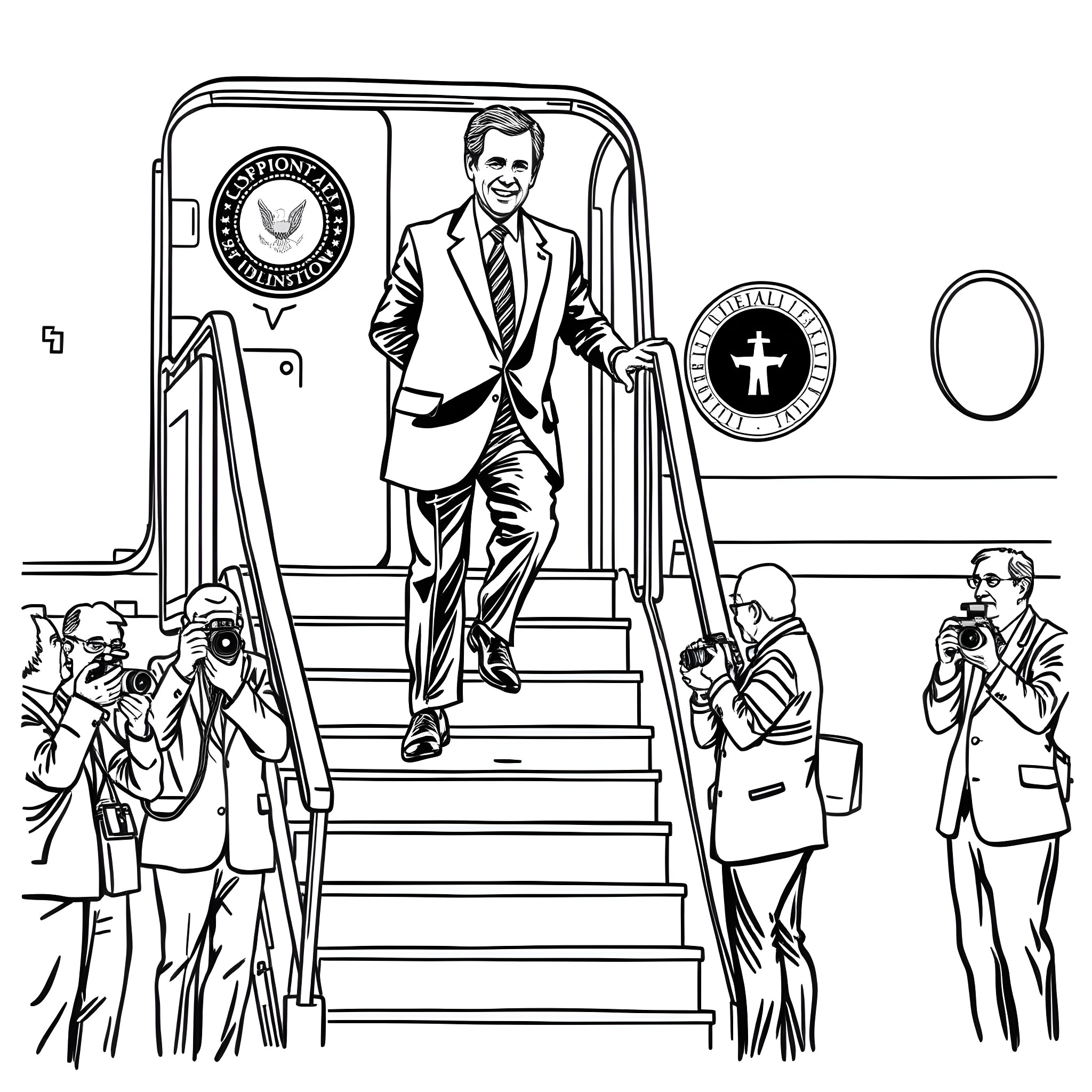 George W. Bush stepping off Air Force One with media presence Coloring Page (free black-and-white line drawing printable PDF for all, from beginners to advanced learners, including children, teens, adults, and seniors)