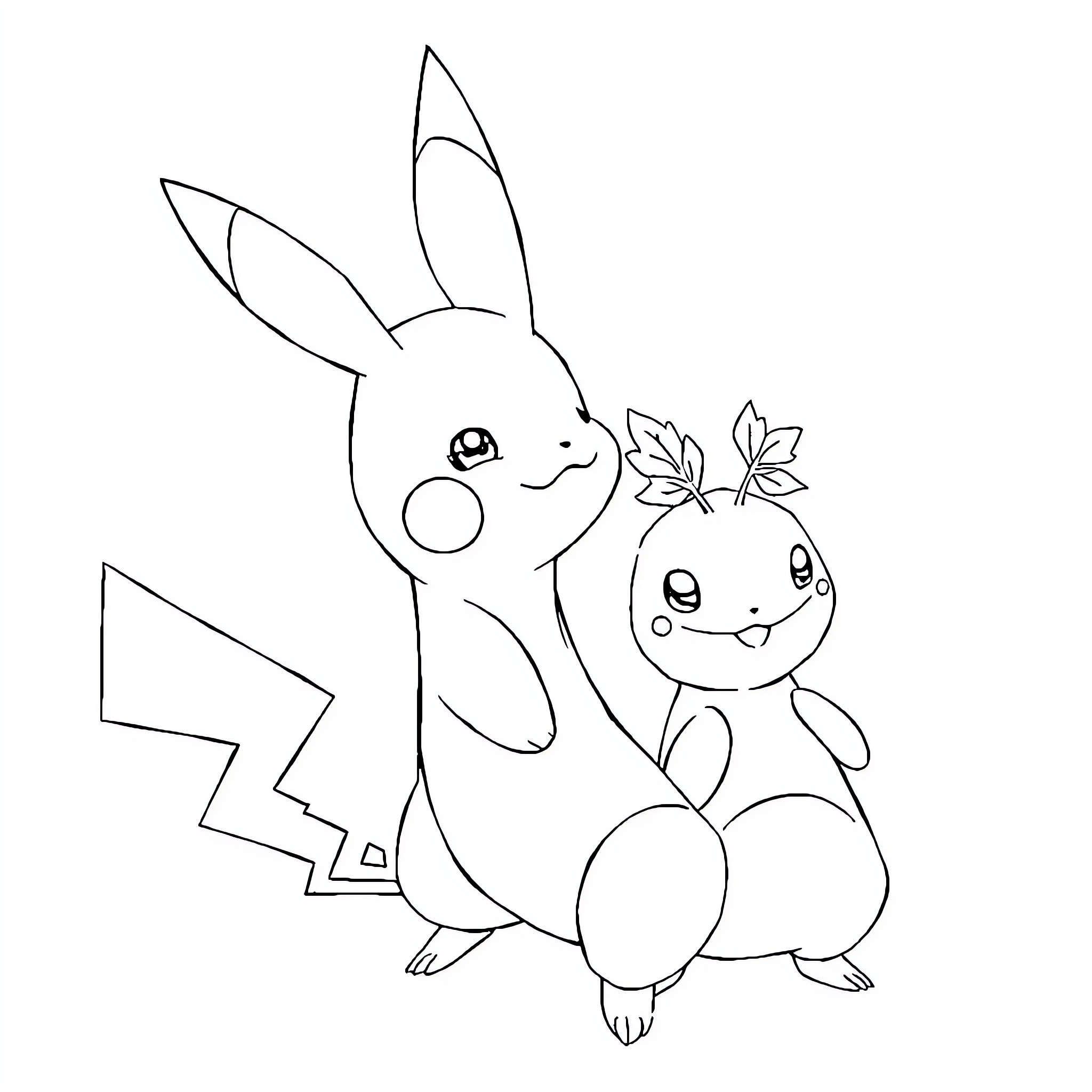 Pokémon friends sharing a happy moment Coloring Page (free black-and-white line drawing printable PDF for all, from beginners to advanced learners, including children, teens, adults, and seniors)