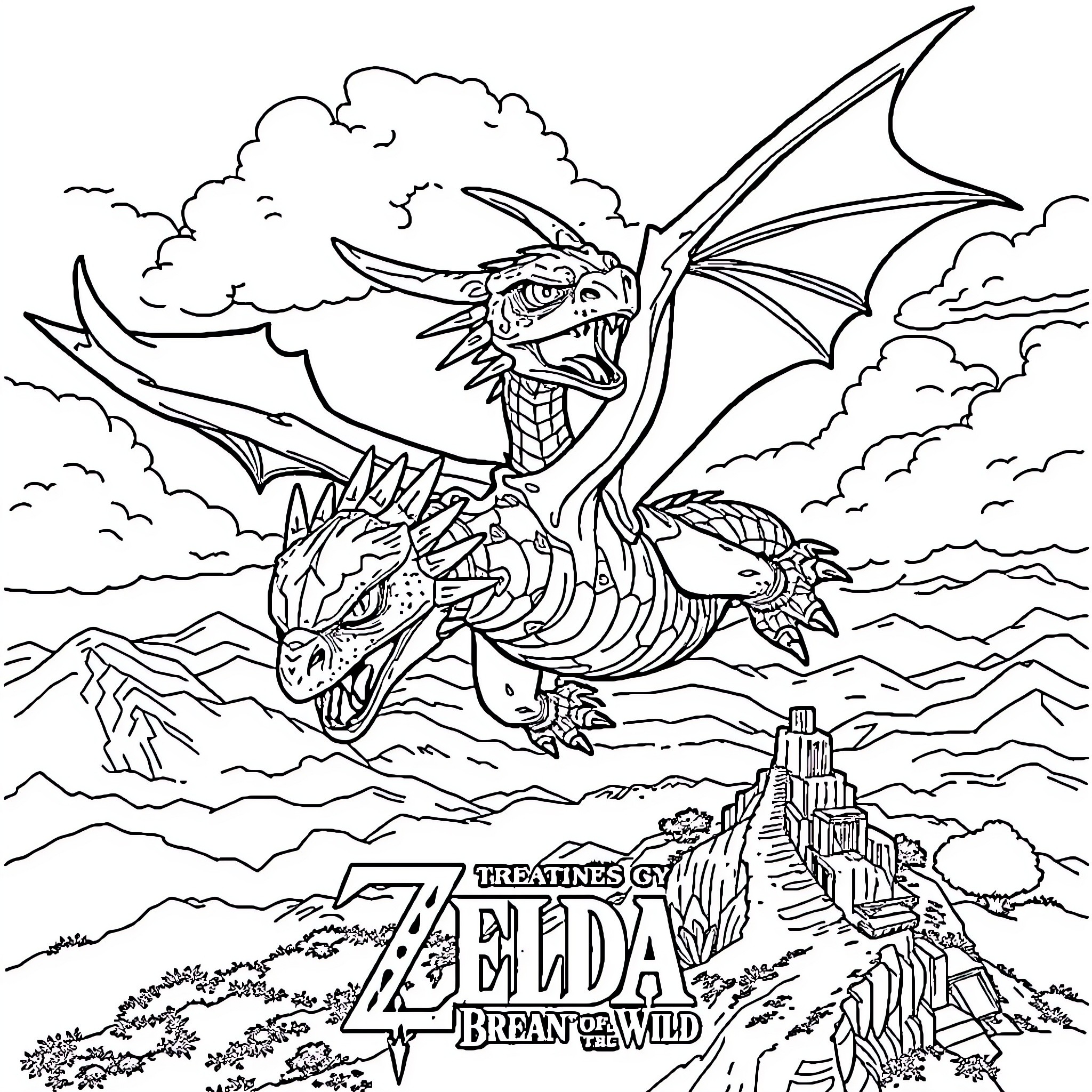 Dragon soaring over the fantastical landscape Coloring Page (free black-and-white line drawing printable PDF for all, from beginners to advanced learners, including children, teens, adults, and seniors)