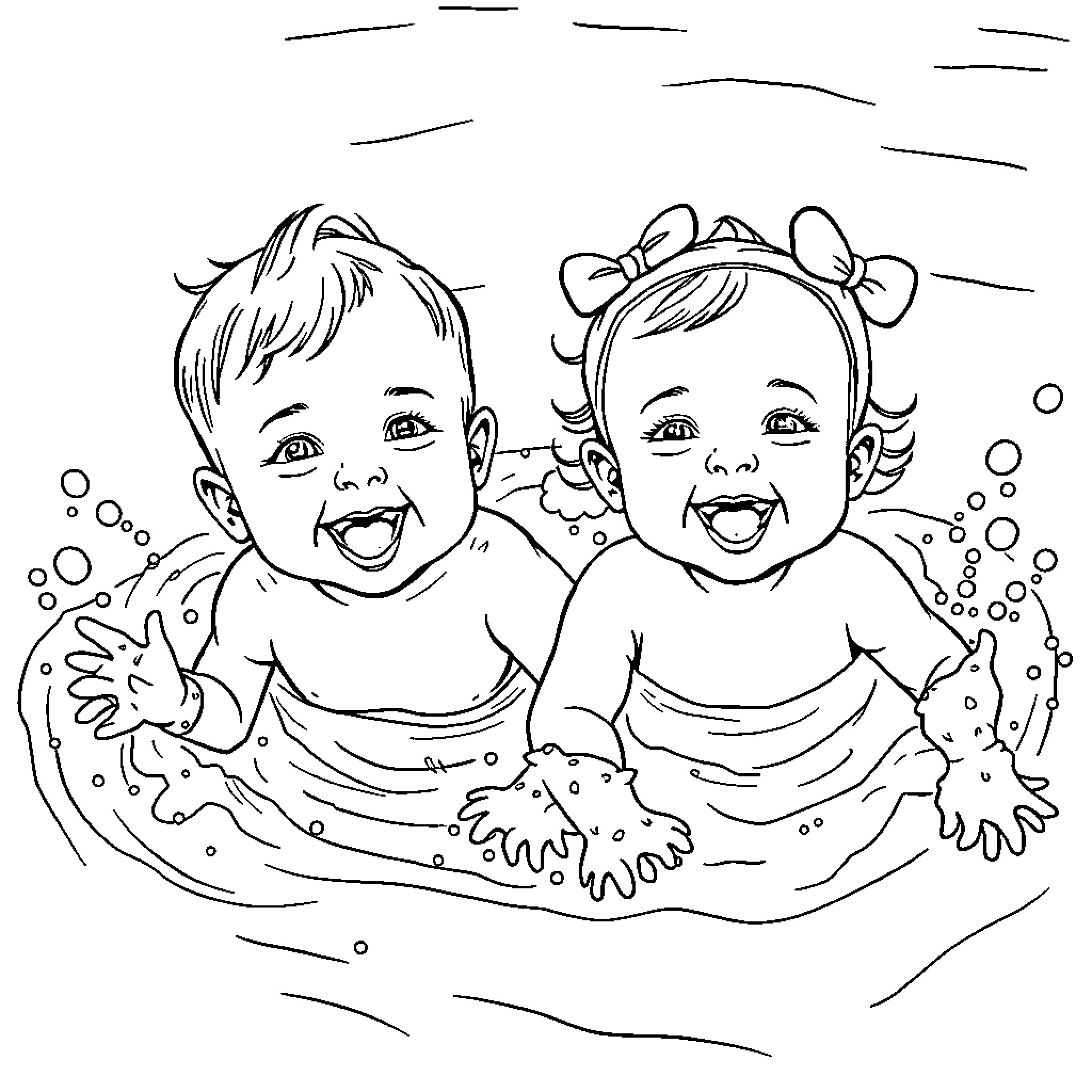 Twin Babies Giggling in Bathtub Coloring Page (free black-and-white line drawing printable PDF for all, from beginners to advanced learners, including children, teens, adults, and seniors)
