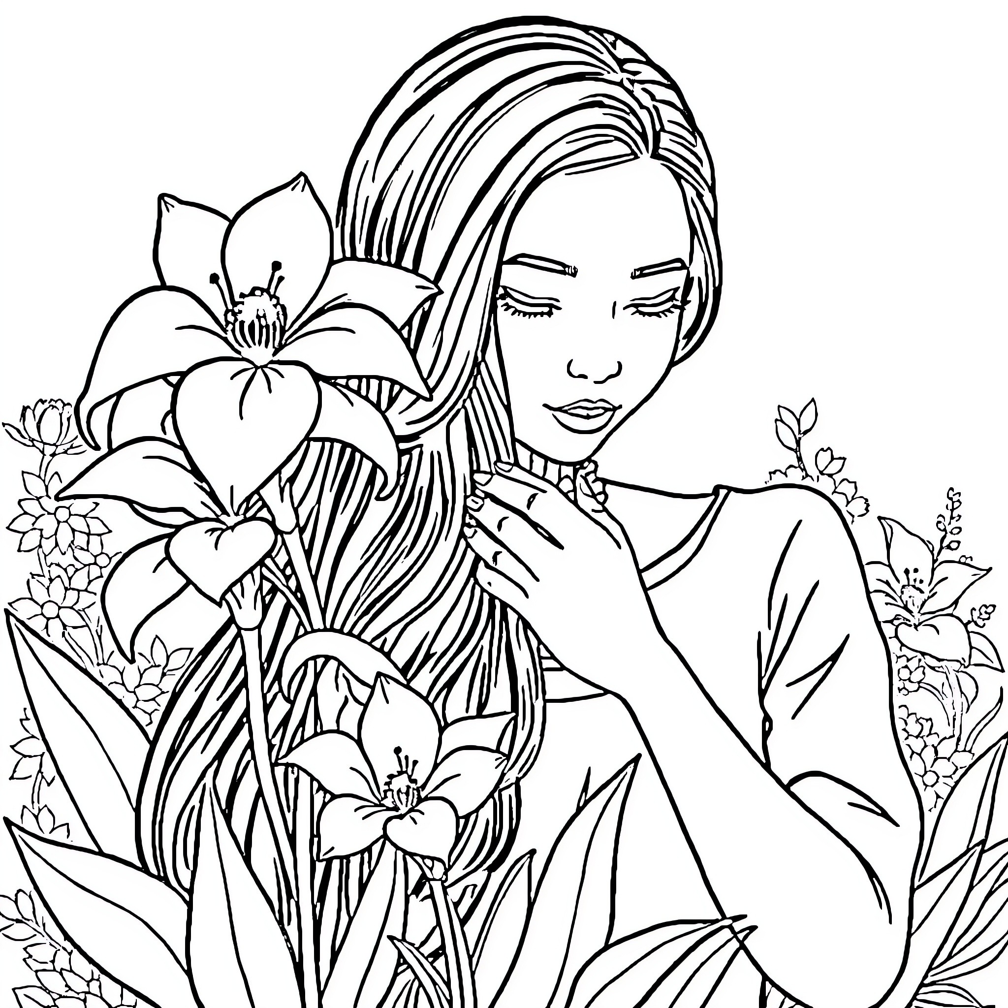 Woman surrounded by beautiful flowers Coloring Page (free black-and-white line drawing printable PDF for all, from beginners to advanced learners, including children, teens, adults, and seniors)