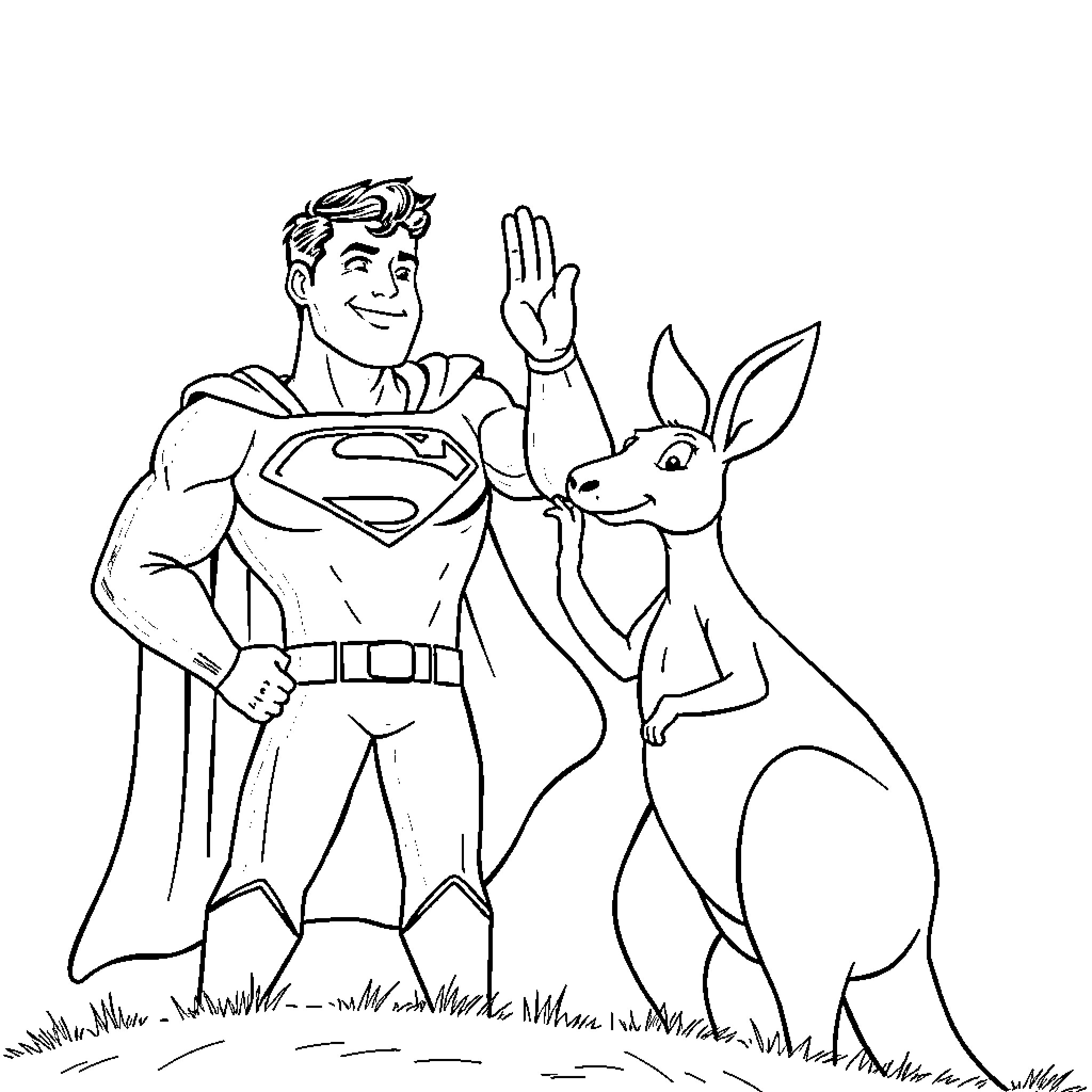 Superman posing with a friendly rabbit Coloring Page (free black-and-white line drawing printable PDF for all, from beginners to advanced learners, including children, teens, adults, and seniors)